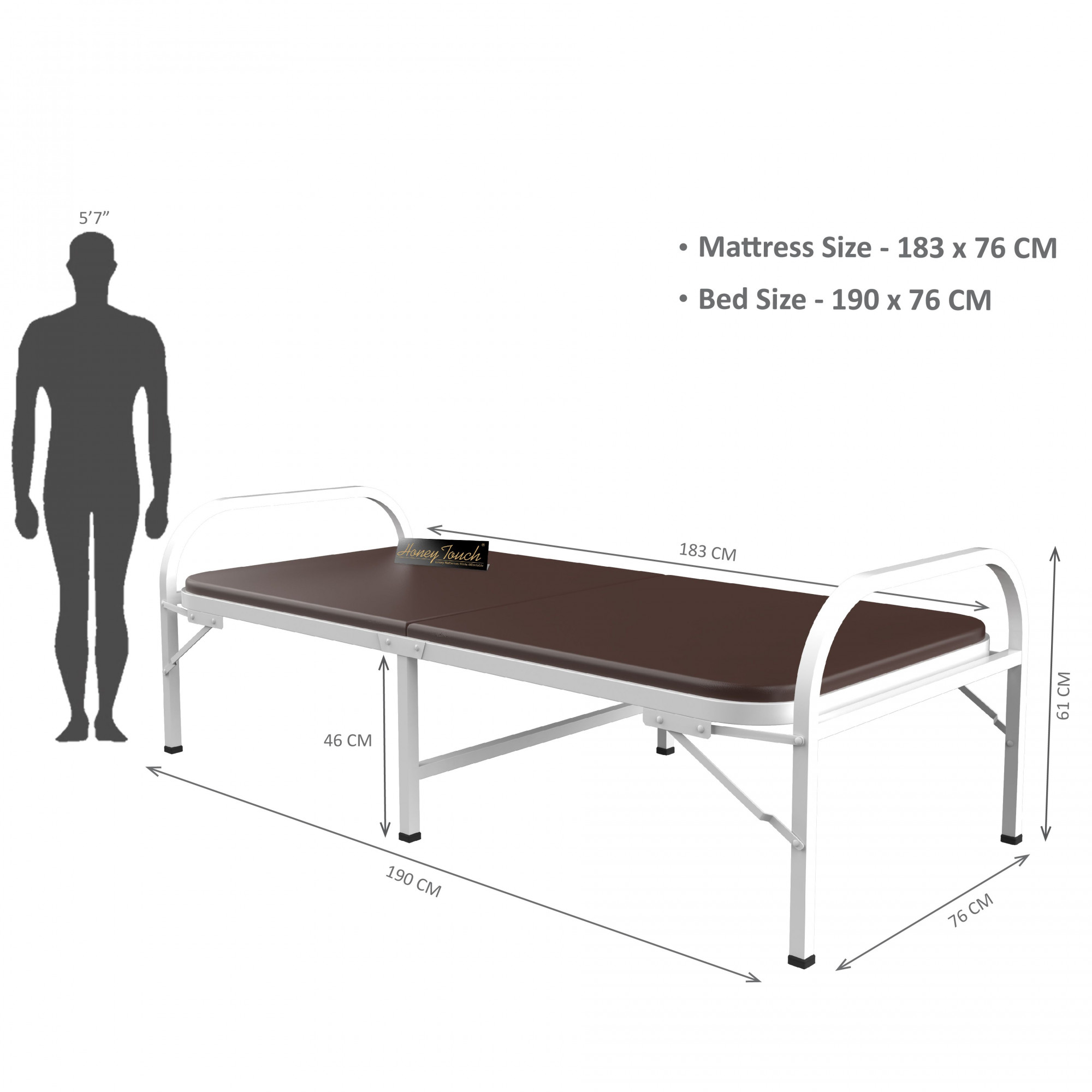 Atlas Round Folding Metal Single Size Bed with Mattress 3ft X 6ft 25ft X 6ft White Finish Brown Mattress