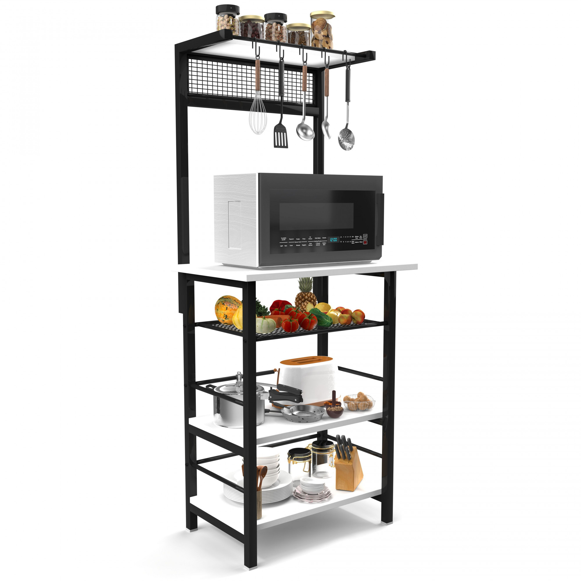 Spacio 5-Tier Multipurpose Storage Rack Metal Wood Shelf for Kitchen Living Room Bedroom Space-Saving Organizer with Hooks Frosty White Finish