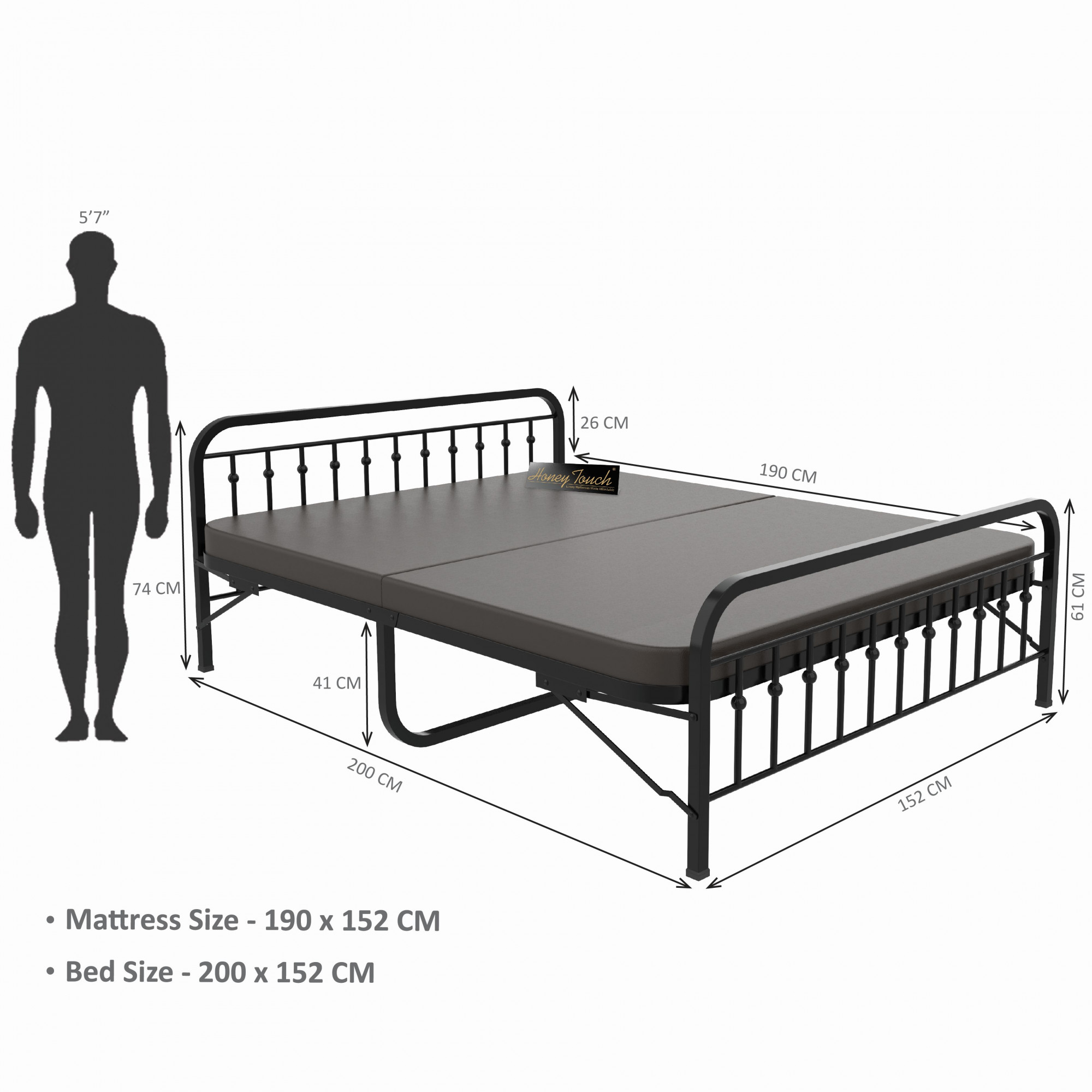 Nova Foldable Metal Bed Frame With Mattress  Black Frame  Queen Size 625 Ft x 5 Ft  3 Years Warranty