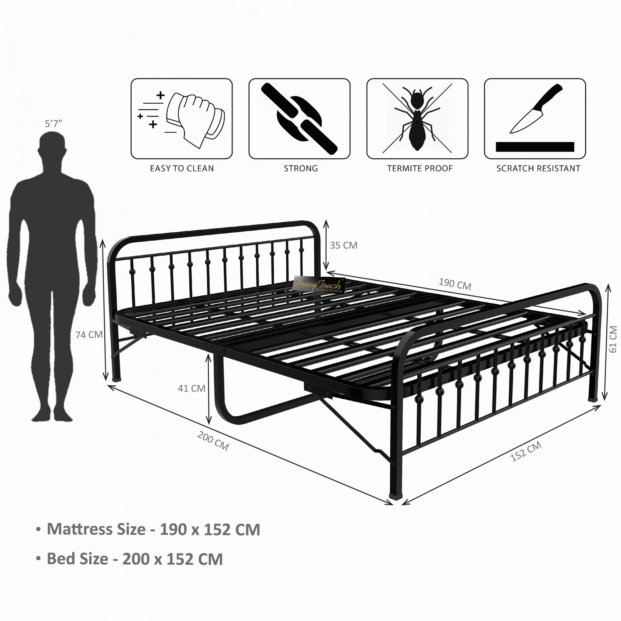 Nova Foldable Metal Bed Frame With Mattress  Black Frame  Queen Size 625 Ft x 5 Ft  3 Years Warranty