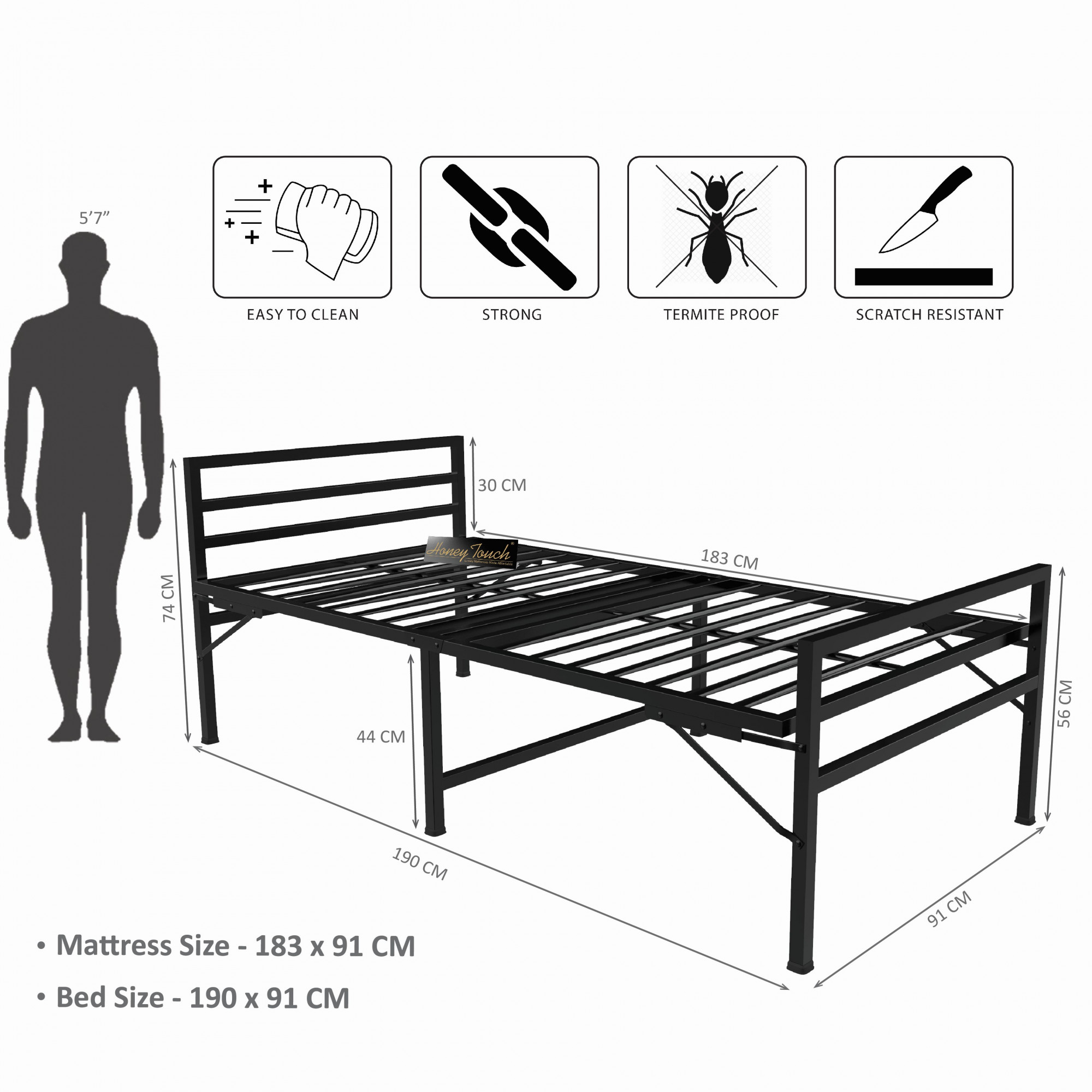 Jasper Metal Single Size Bed Black Finish 3ft X 6ft 2-Year Warranty