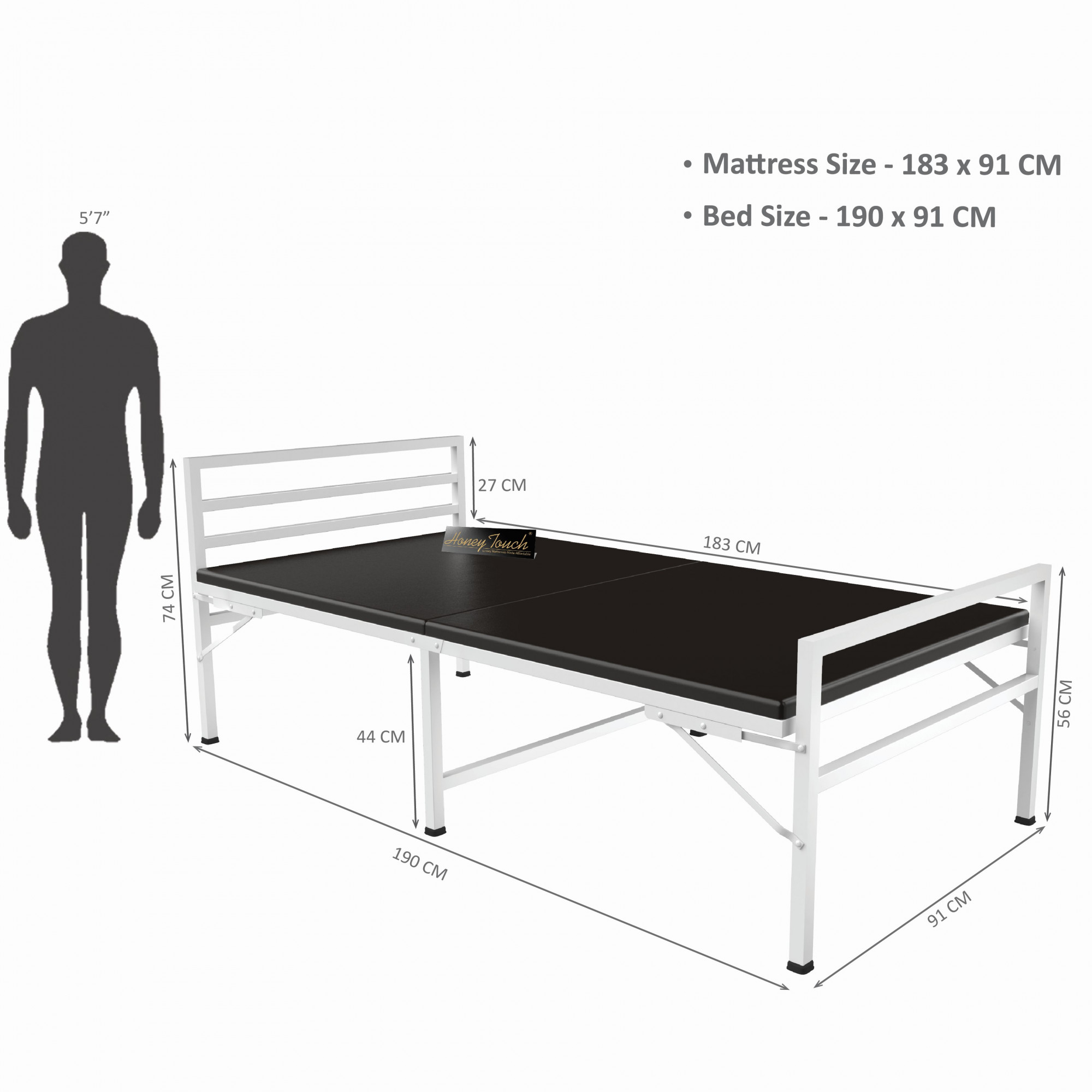 Jasper Foldable Single Metal Bed with Mattress Glossy White Finish 3ft X 6ft