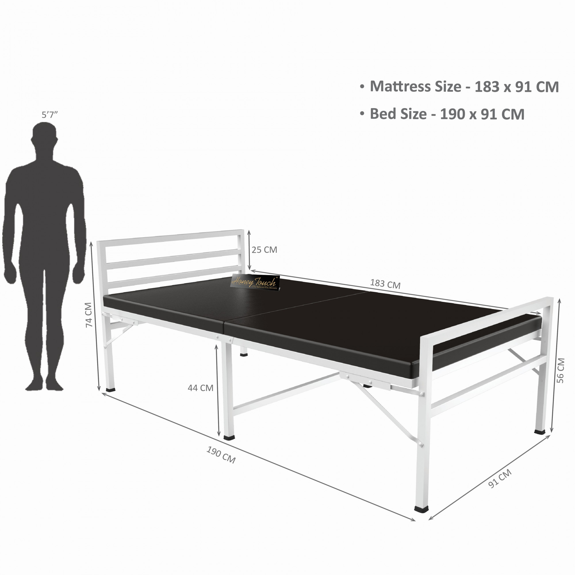 Jasper Foldable Single Metal Bed with Mattress Glossy White Finish 3ft X 6ft