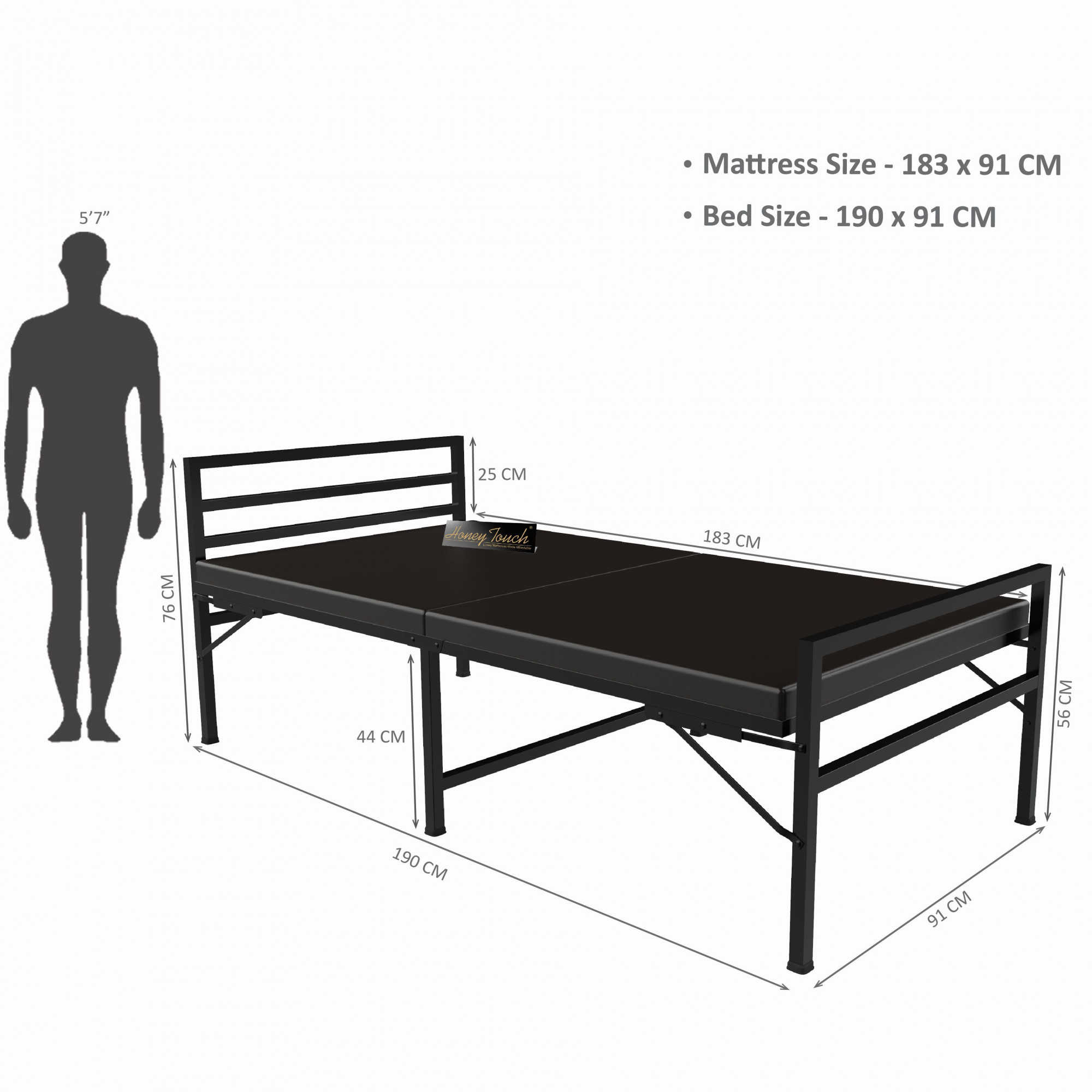 Jasper Foldable Single Metal Bed with Mattress Glossy Black Finish 3ft X 6ft