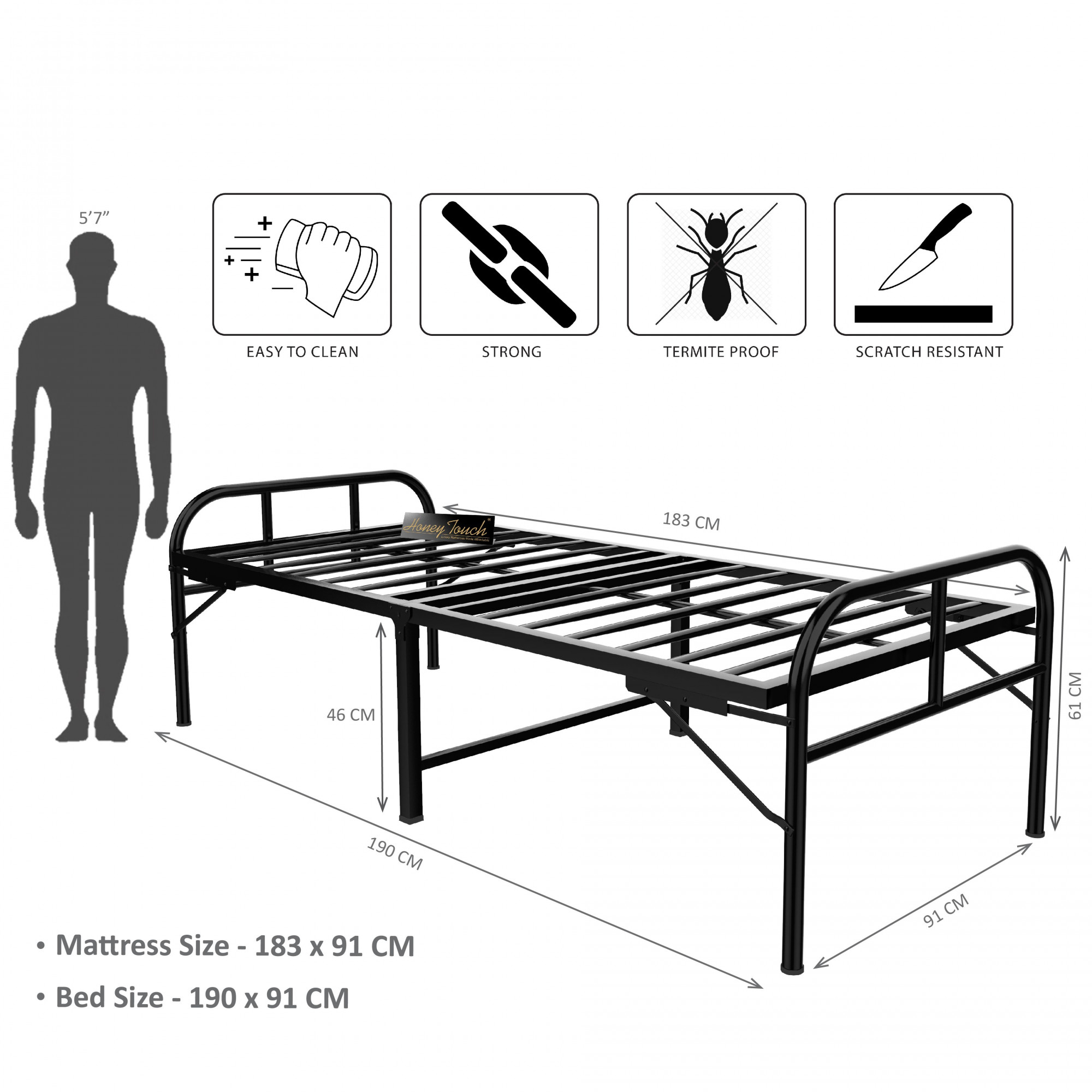 Avon Black Metal Single Size Folding Bed 25ft X 6ft 3ft X 6ft 2-Year Warranty