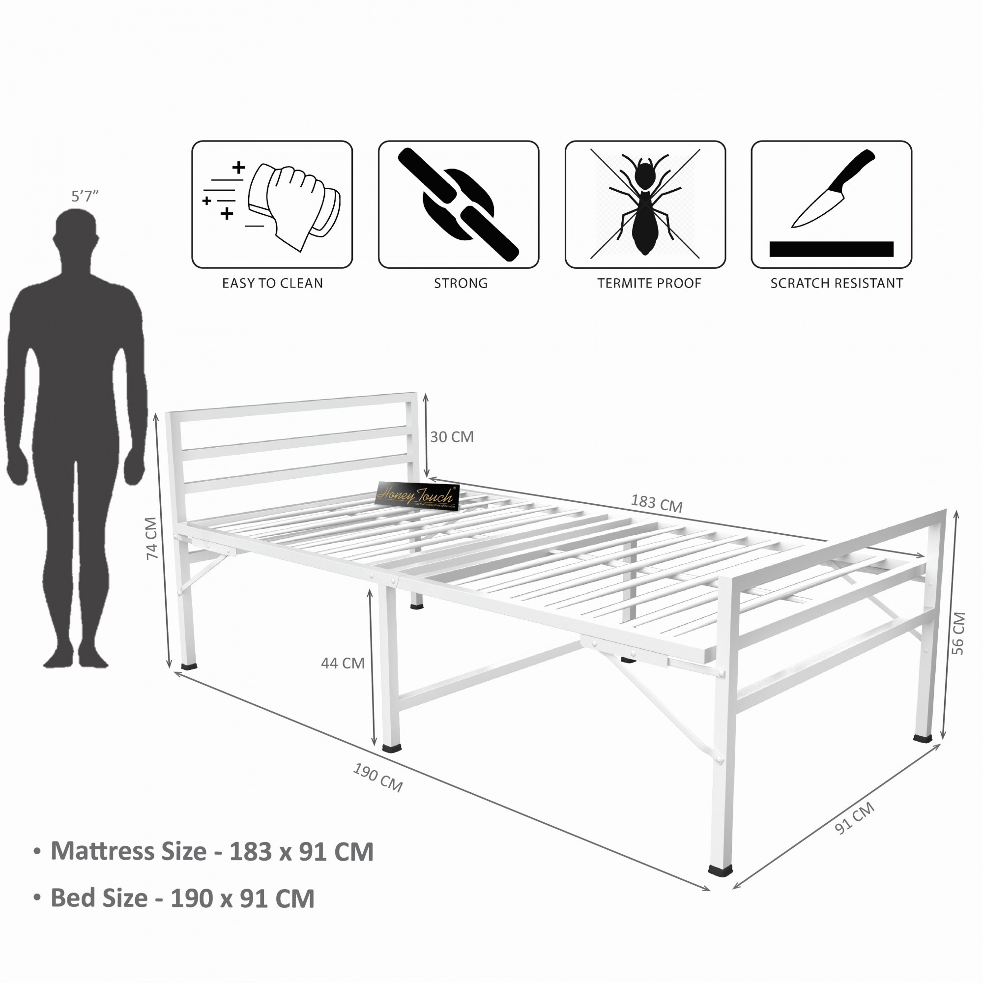 Jasper Metal Single Size Bed White Finish 3ft X 6ft 1 Year Warranty