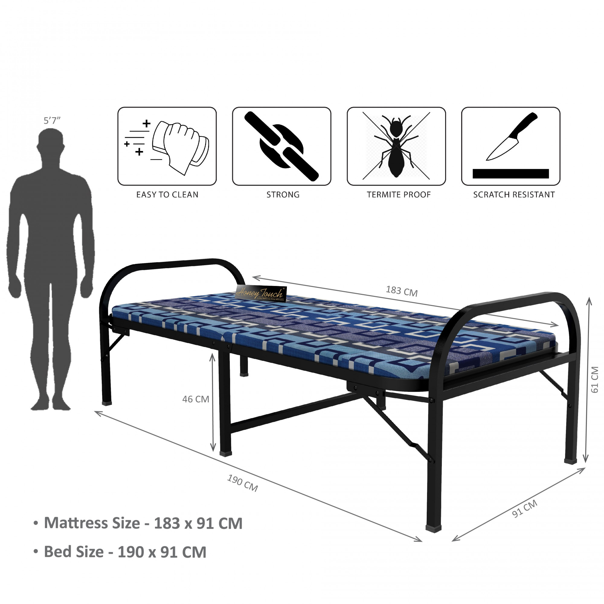 Aura Blue Single Size Metal Bed Single Layer Foam Mattress 3ft X 6ft Black Finish