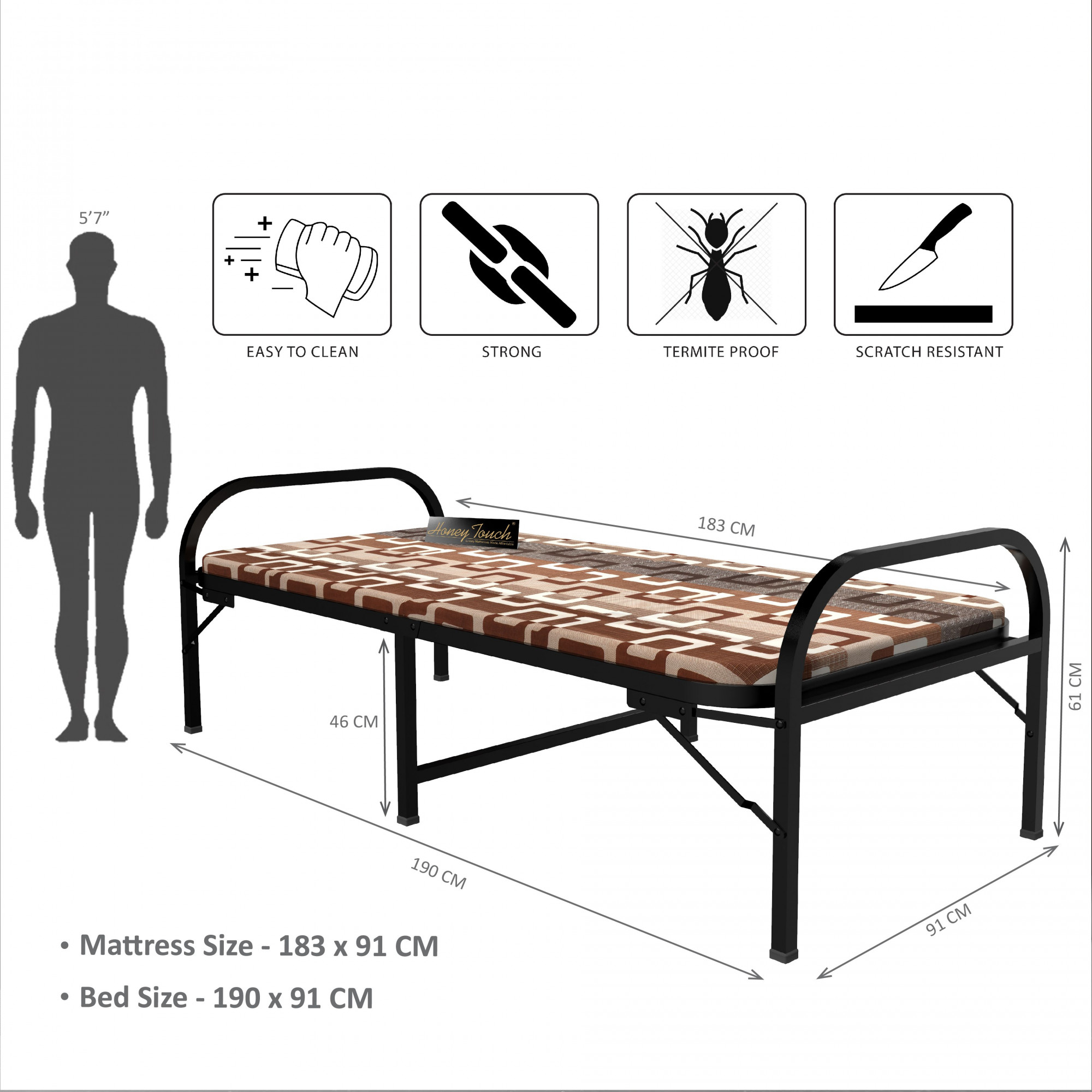 Aura Brown Single Size Metal Bed Single Layer Foam Mattress 3ft X 6ft Black Finish