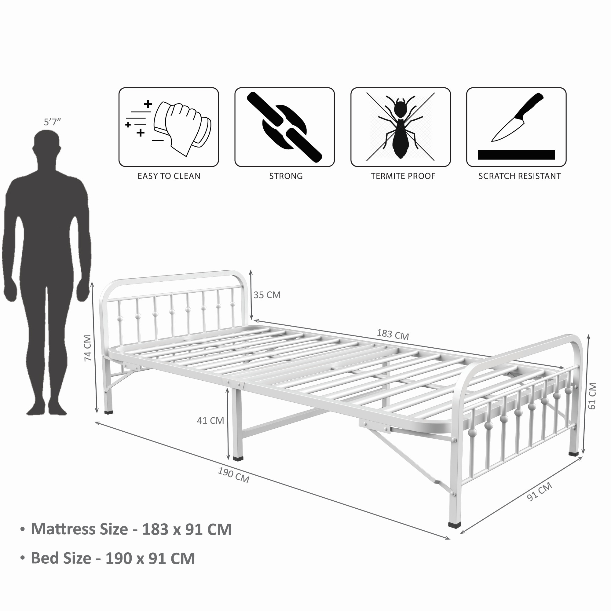 Nova Foldable Single Metal Bed - Glossy White Finish 3ft x 6ft