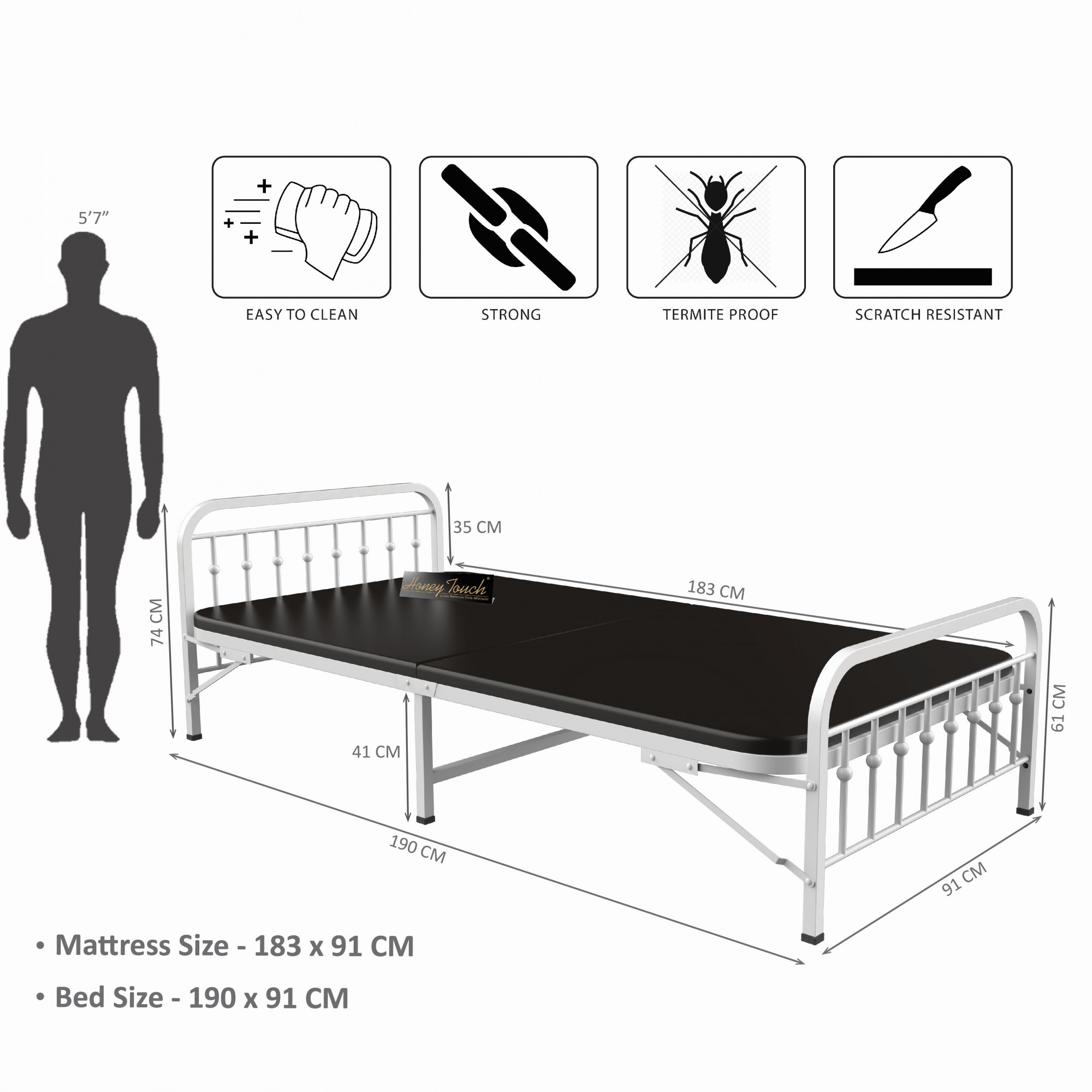 Nova Foldable Single Metal Bed - Glossy White Finish 3ft x 6ft