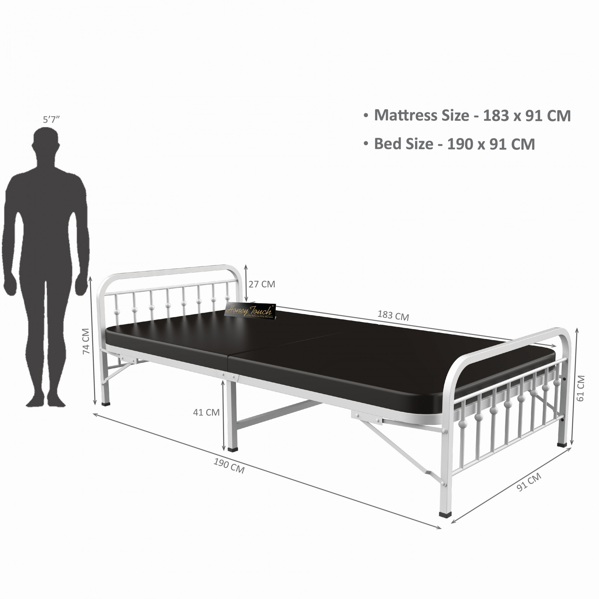 Nova Foldable Single Metal Bed - Glossy White Finish 3ft x 6ft