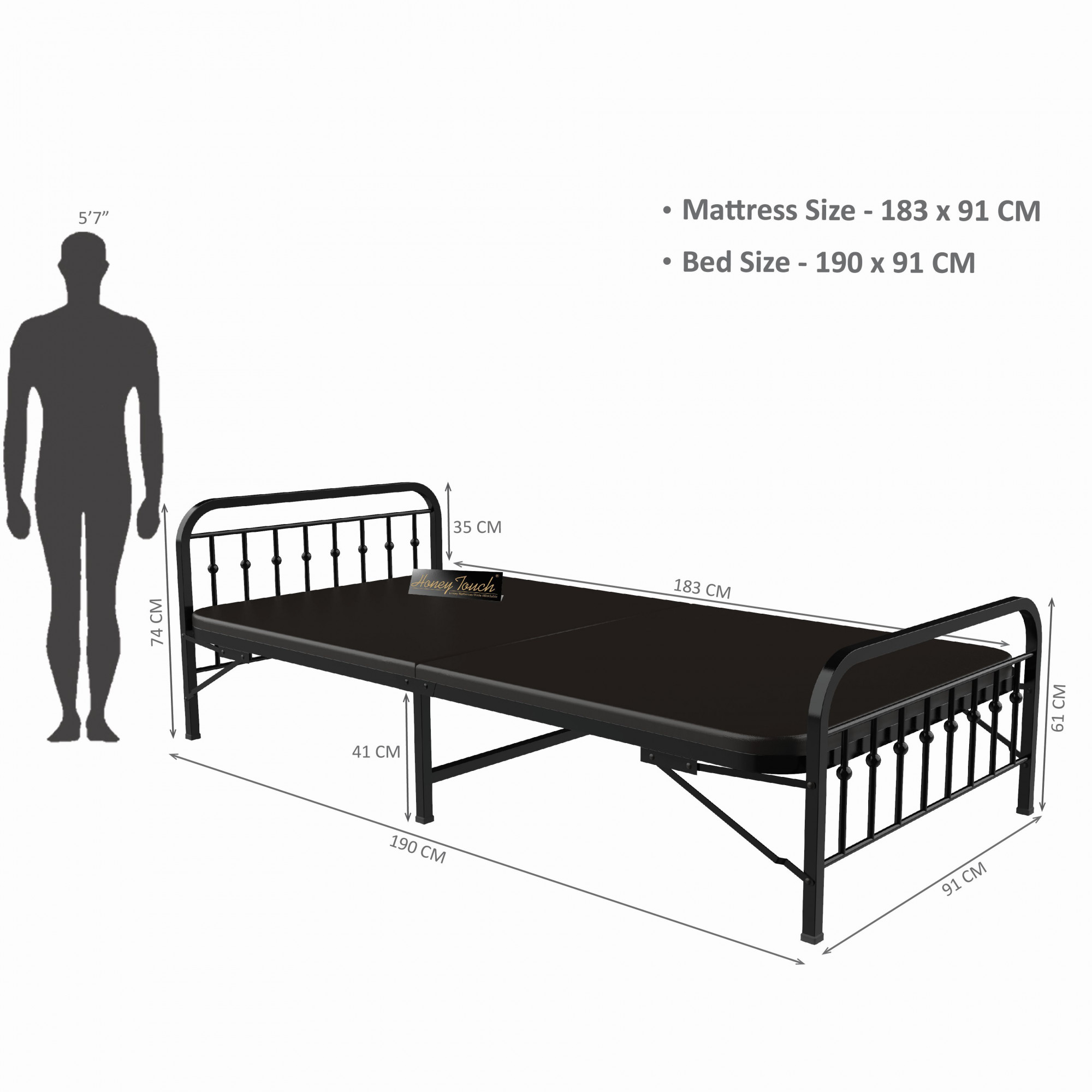 Nova Foldable Single Metal Bed - Glossy Black Finish 3ft x 6ft