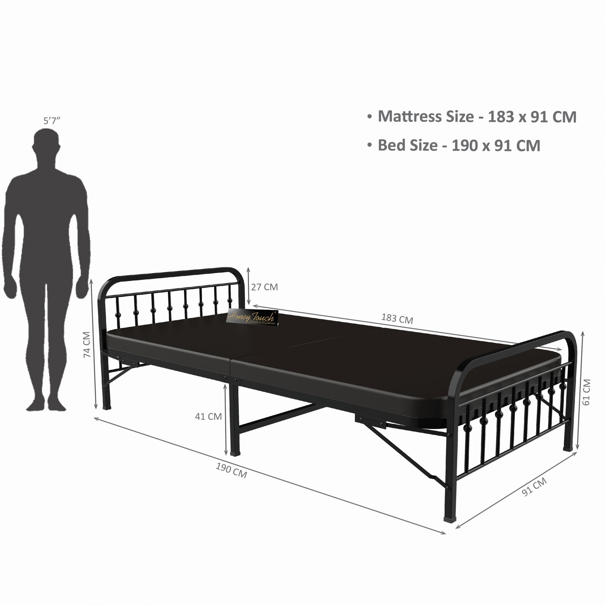 Nova Foldable Single Metal Bed - Glossy Black Finish 3ft x 6ft
