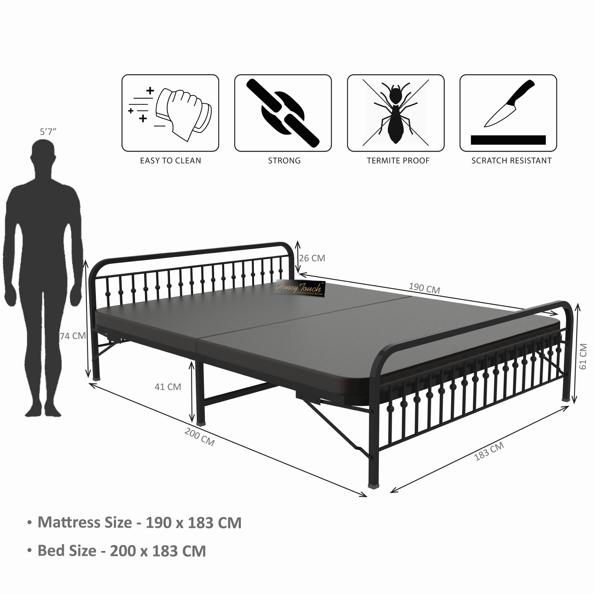 Nova Foldable Metal Bed Frame With Mattress  Black Frame  King Size 625 Ft x 6 Ft  3 Years Warranty