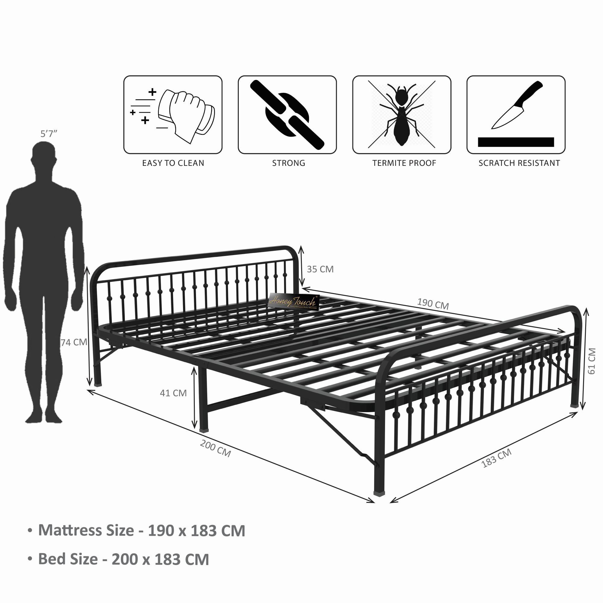 Nova Foldable Metal Bed Frame With Mattress Black Frame King Size 625 Ft x 6 Ft 3 Years Warranty