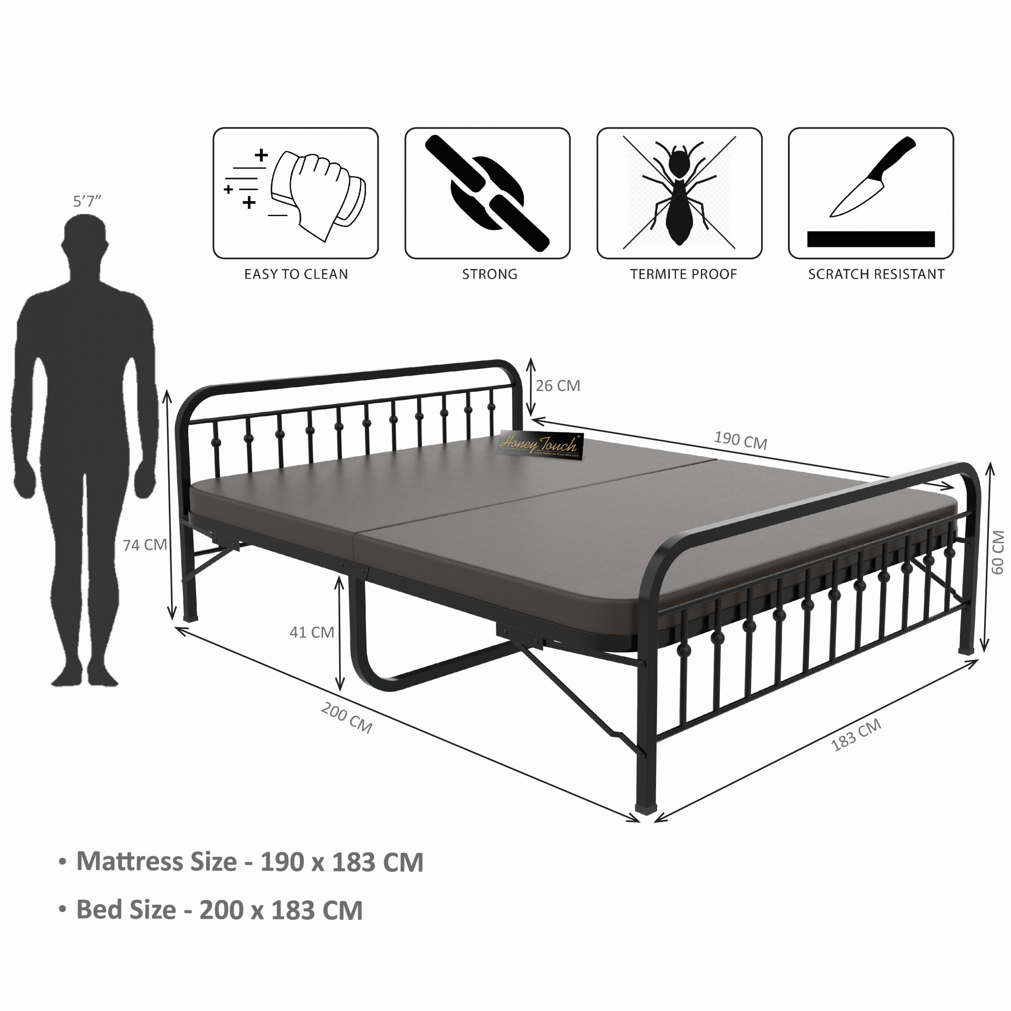 Nova Foldable Metal Bed Frame With Mattress Black Frame King Size 625 Ft x 6 Ft 3 Years Warranty