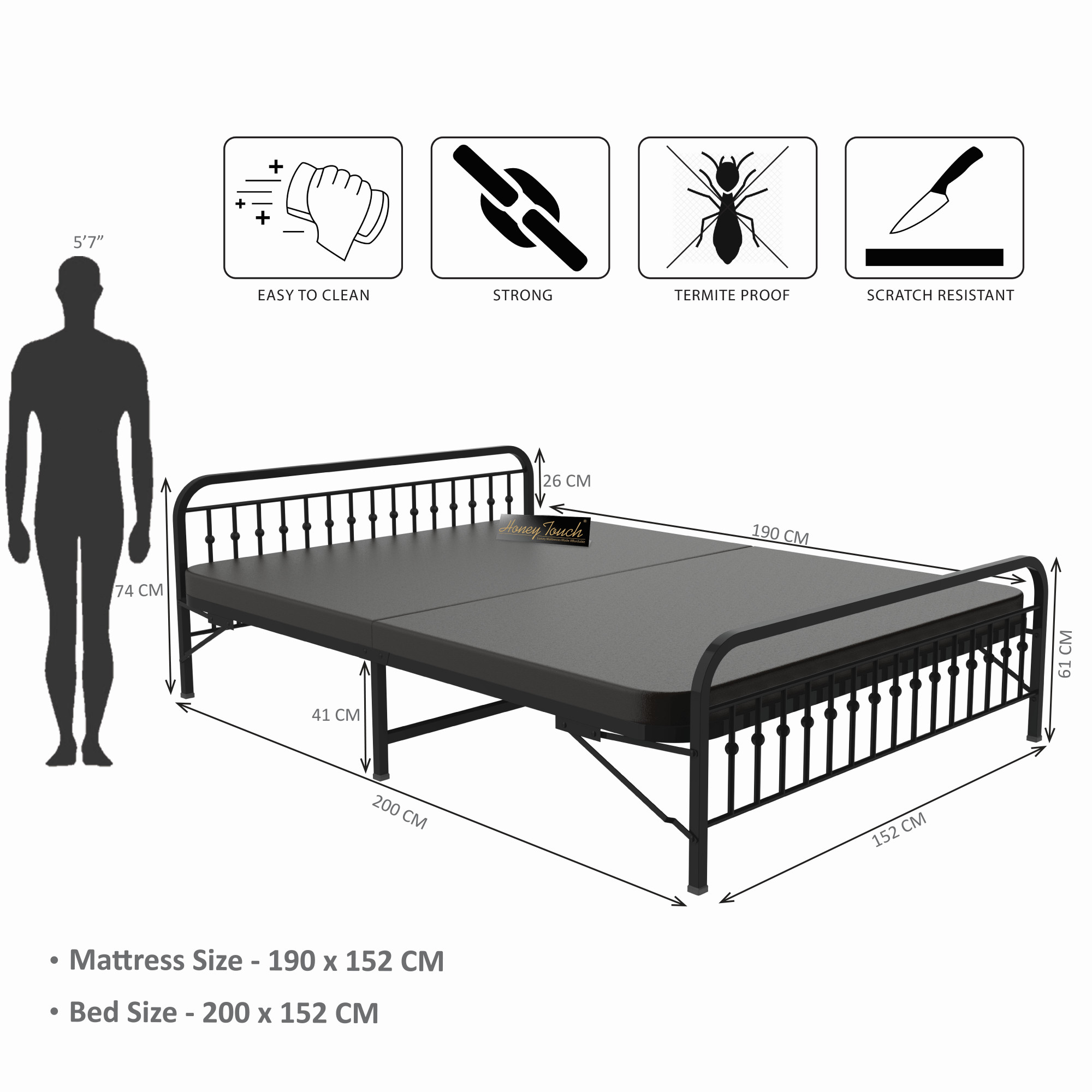 Nova Foldable Metal Bed Frame With Mattress  Black Frame  Queen Size 625 Ft x 5 Ft  3 Years Warranty