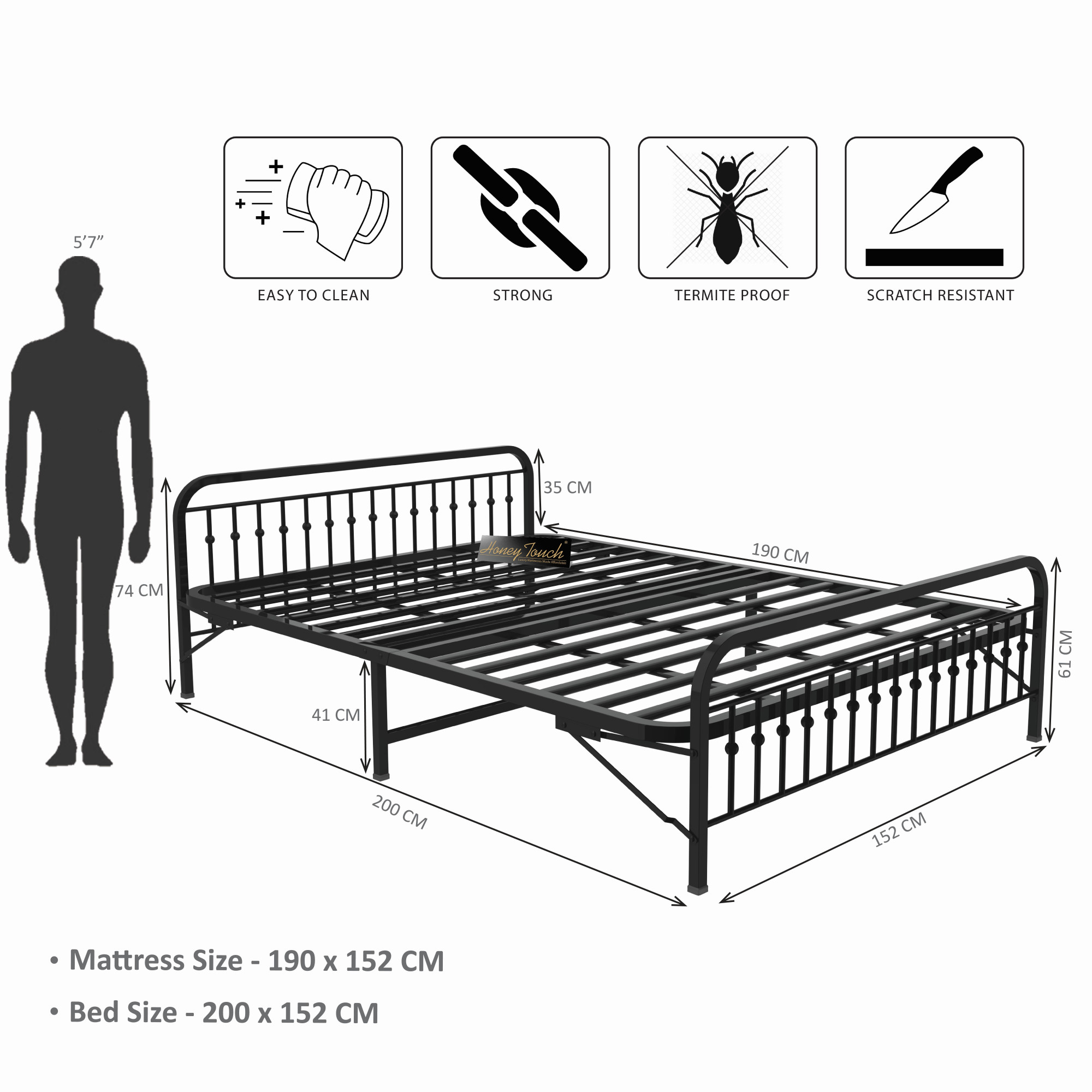 Nova Foldable Metal Bed Frame With Mattress Black Frame Queen Size 625 Ft x 5 Ft 3 Years Warranty