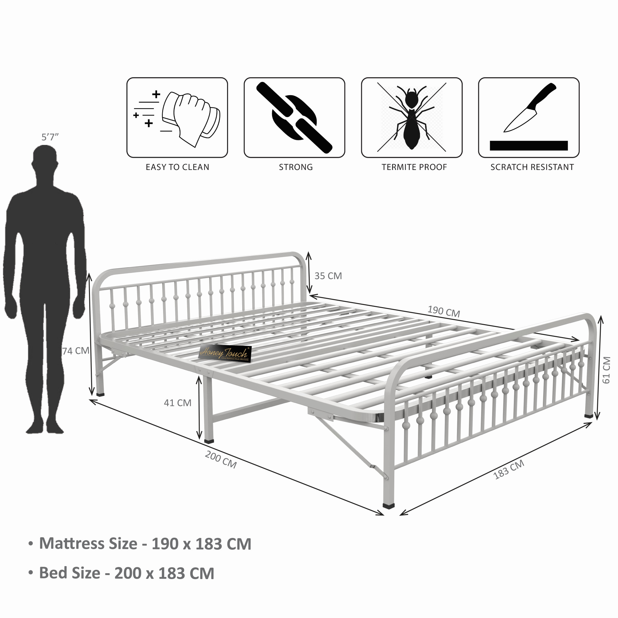 Nova Foldable Metal Bed Frame With Mattress  Ivory Frame  King Size 625 Ft x 6 Ft  3 Years Warranty