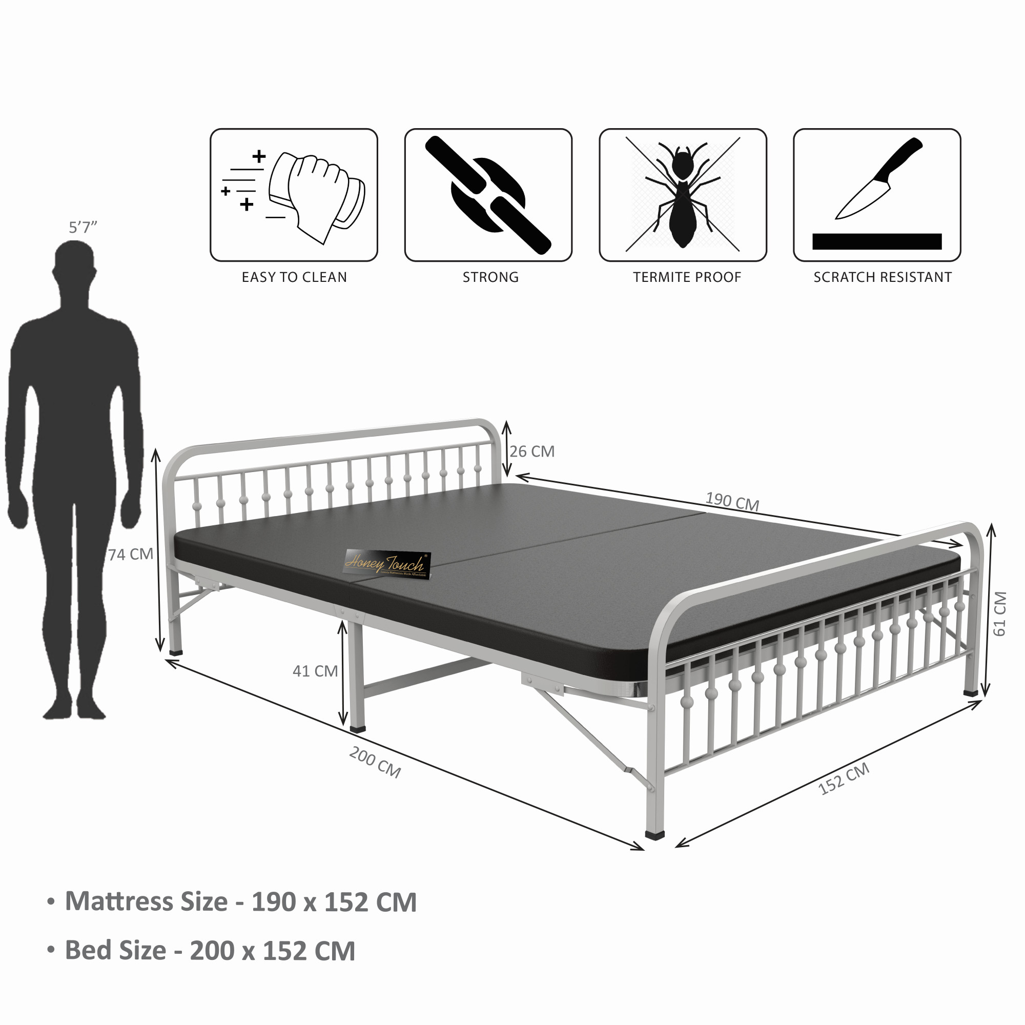 Nova Foldable Metal Bed Frame With Mattress Ivory Frame Queen Size 625 Ft x 5 Ft Warranty Backed