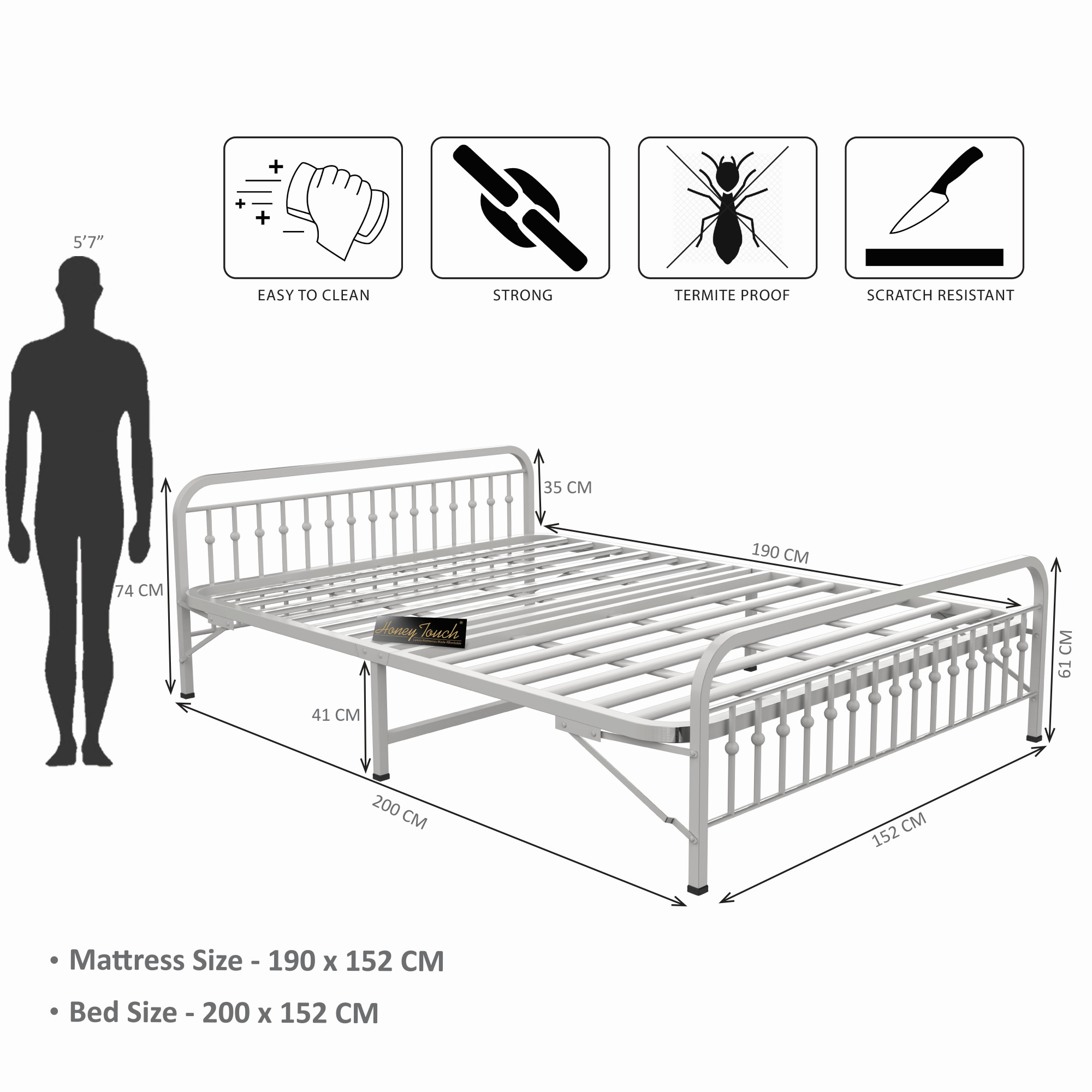 Nova Foldable Metal Bed Frame Without Mattress Ivory Frame Queen Size 625 Ft x 5 Ft 2 Years Warranty