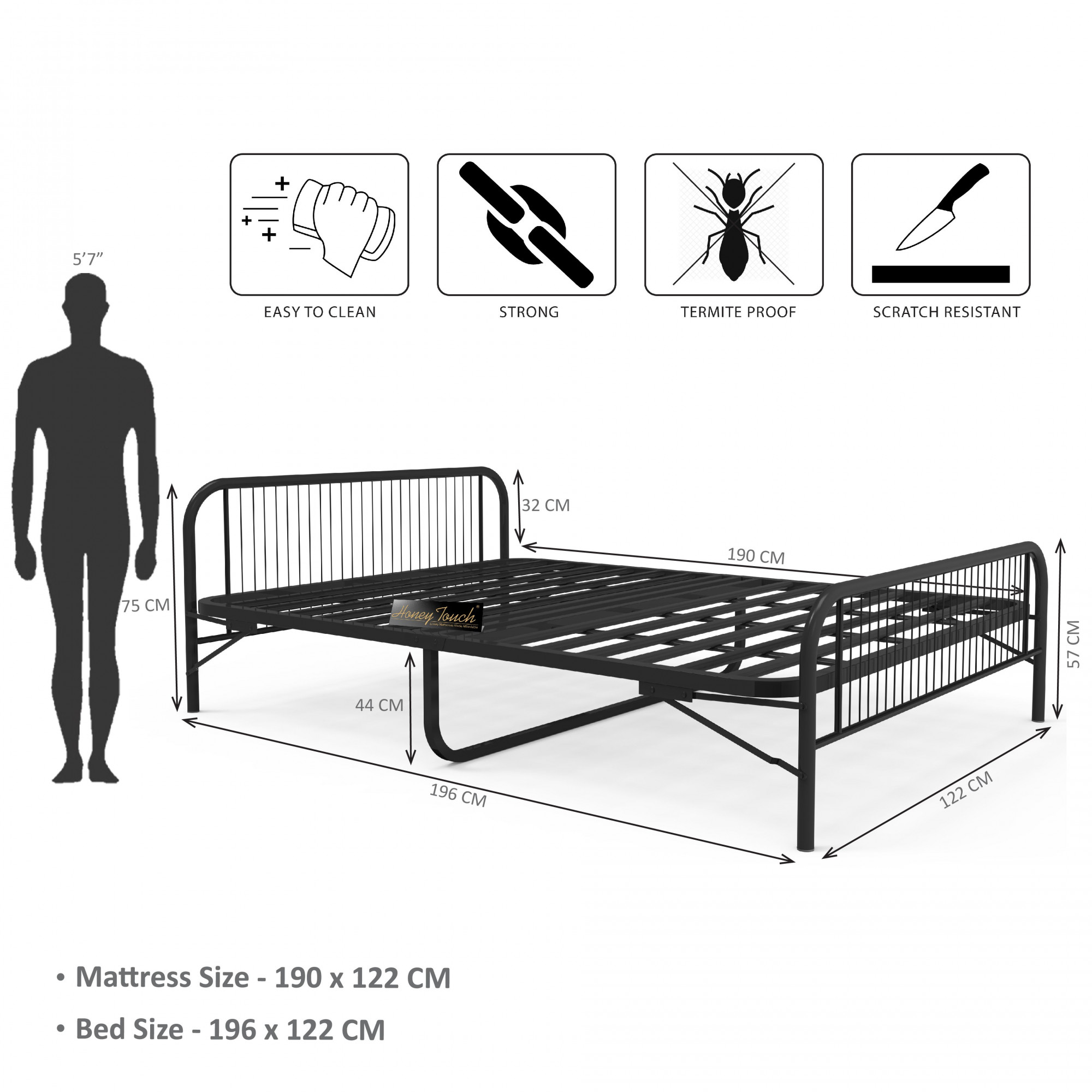 Nesto Foldable Metal Bed Frame Without Mattress Black Frame Double Size 625 Ft x 4 Ft 2 Years Warranty