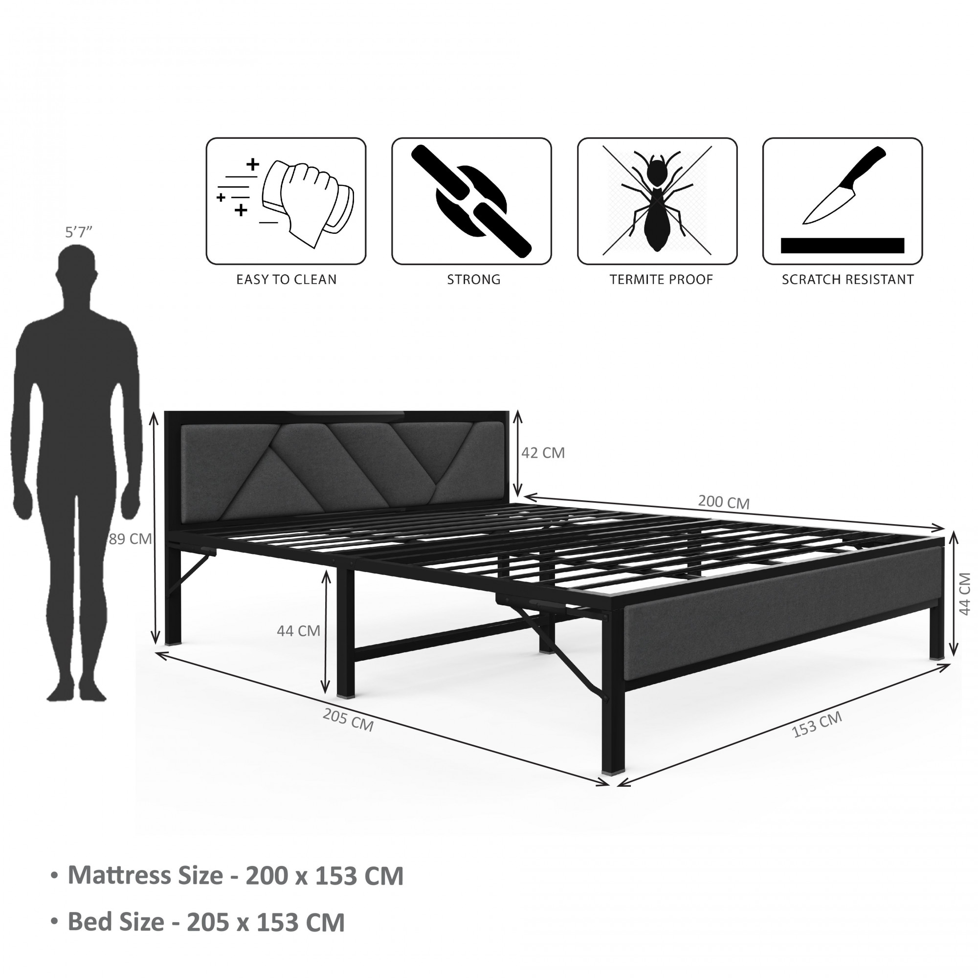 Linea Grey Queen Size Bed Frame Without Mattress Black Frame Queen Size 65 Ft x 5 Ft 1 Year Warranty
