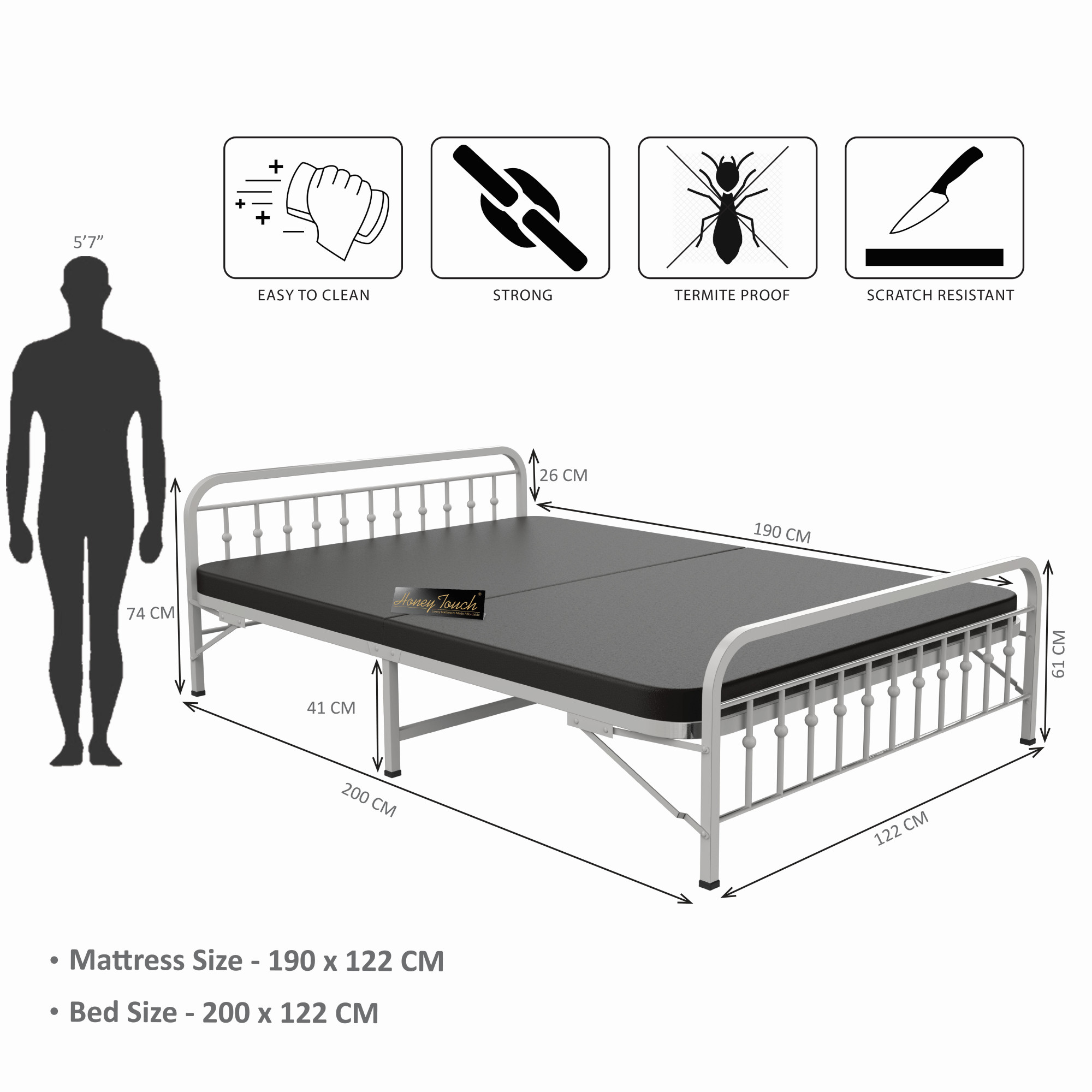 Nova Foldable Metal Bed Frame With Mattress Ivory Frame Double Size 625 Ft x 4 Ft Warranty Backed