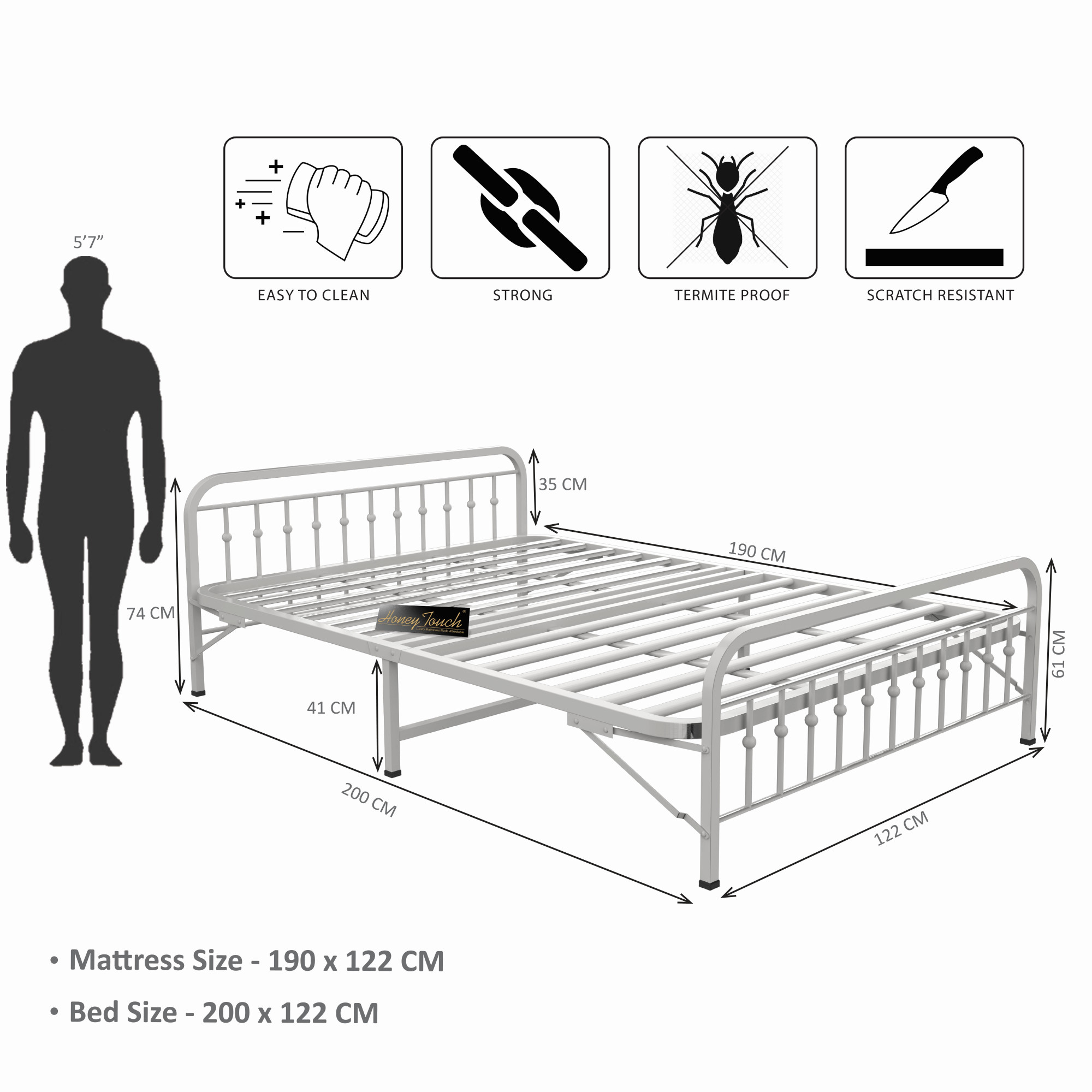 Nova Foldable Metal Bed Frame With Mattress Ivory Frame Double Size 625 Ft x 4 Ft Warranty Backed
