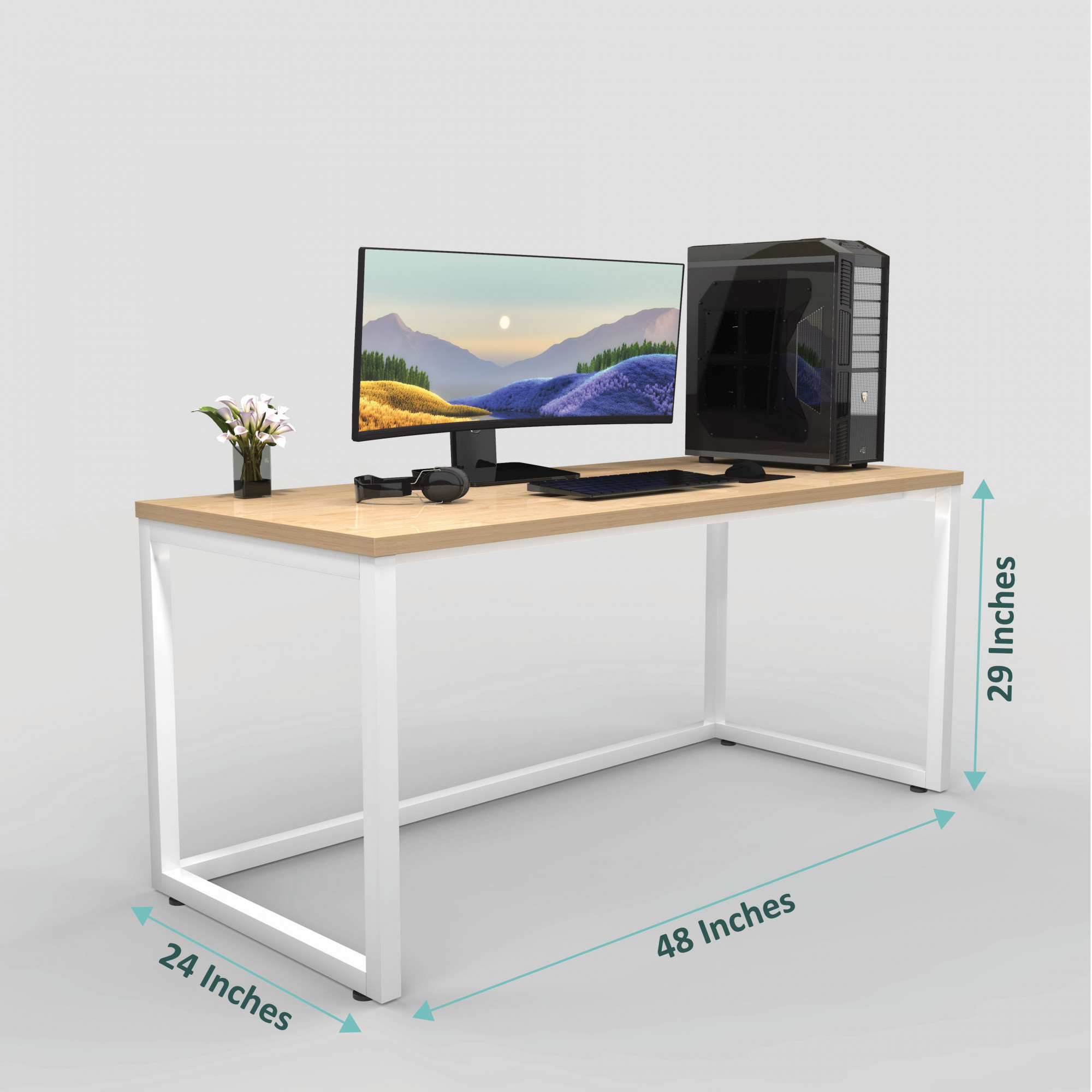 Lizon Metal Wood Computer Table for Home Office Modern Study Desk Natural Ash Top White Finish 61L x 122W x 73H Centimeters 1 Year Warranty