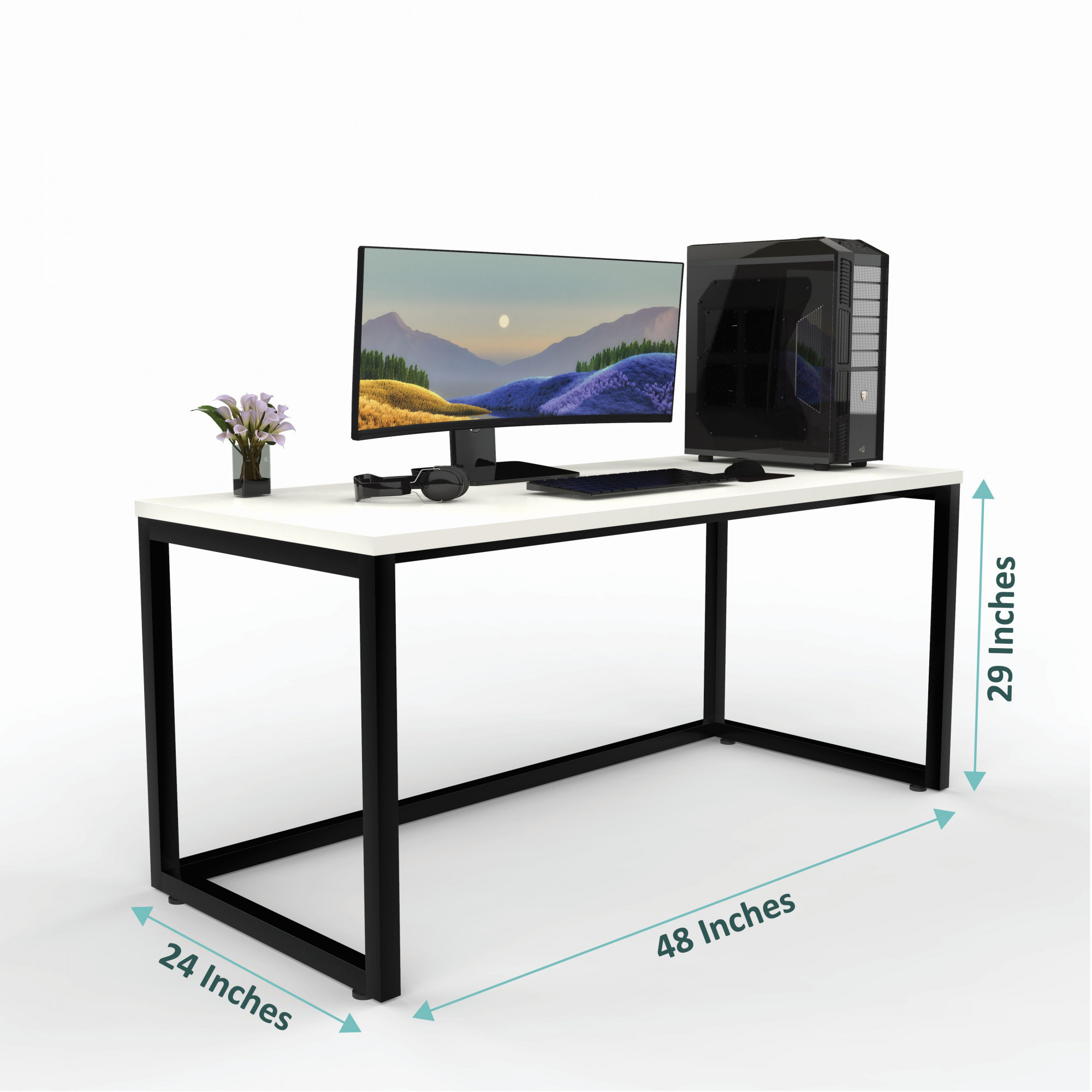 Lizon Metal Wood Computer Table for Home Office Modern Study Desk Sleek White Top Black Finish 61L x 122W x 73H Centimeters 1 Year Warranty