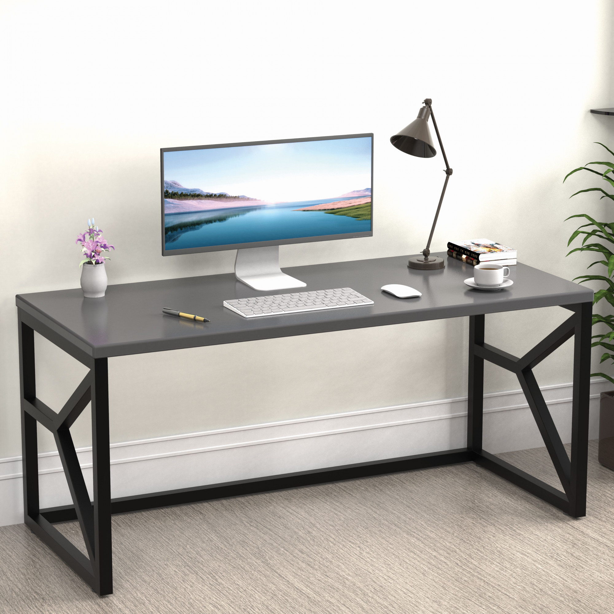Duke Metal Wood Computer Table for Home Office Modern Study Desk with Grey Top Black White Finish 61L x 122W x 73H Centimeters 1 Year Warranty
