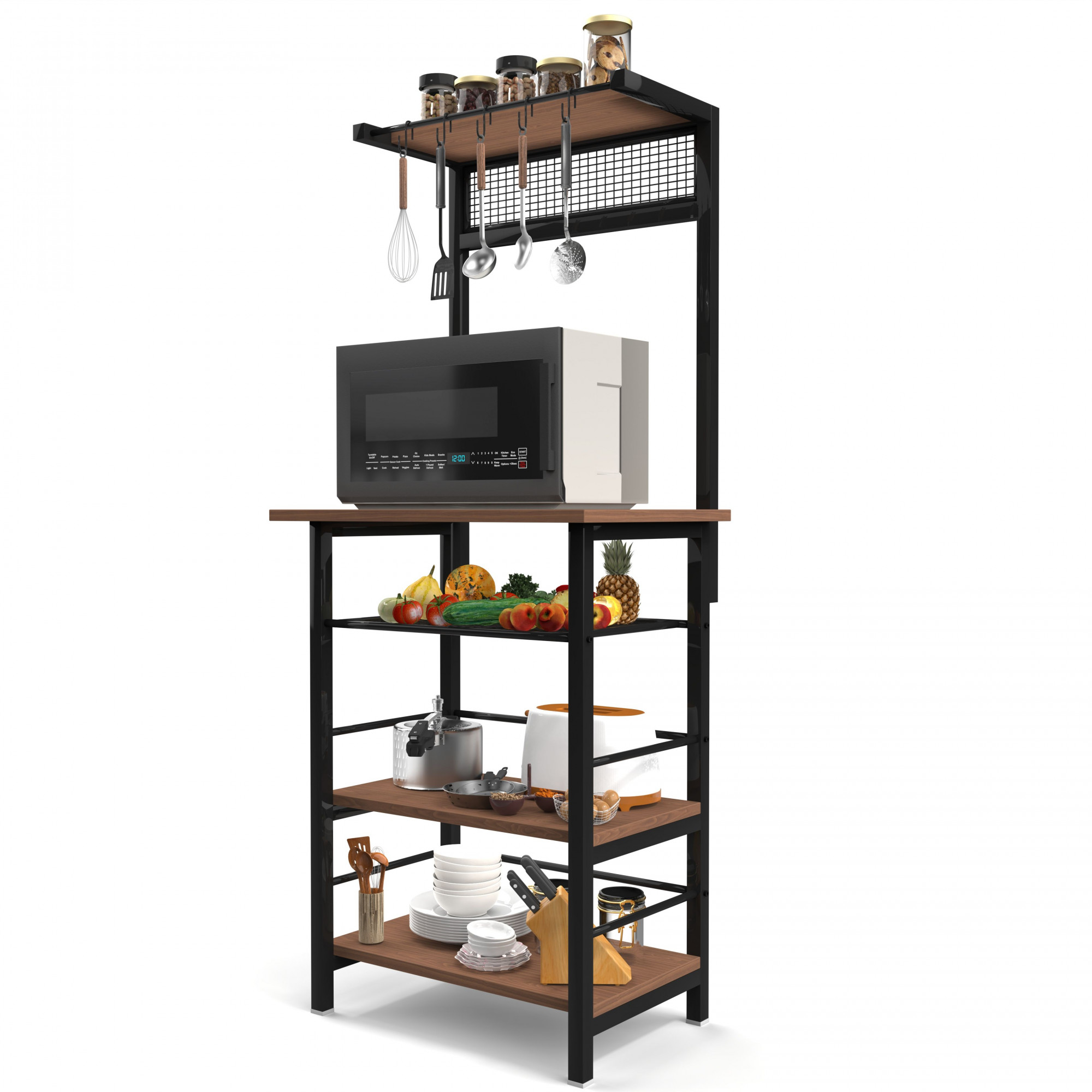 Spacio 5-Tier Multipurpose Storage Rack Metal Wood Shelf for Kitchen Living Room Bedroom Space-Saving Organizer with Hooks Matte Black Walnut Finish