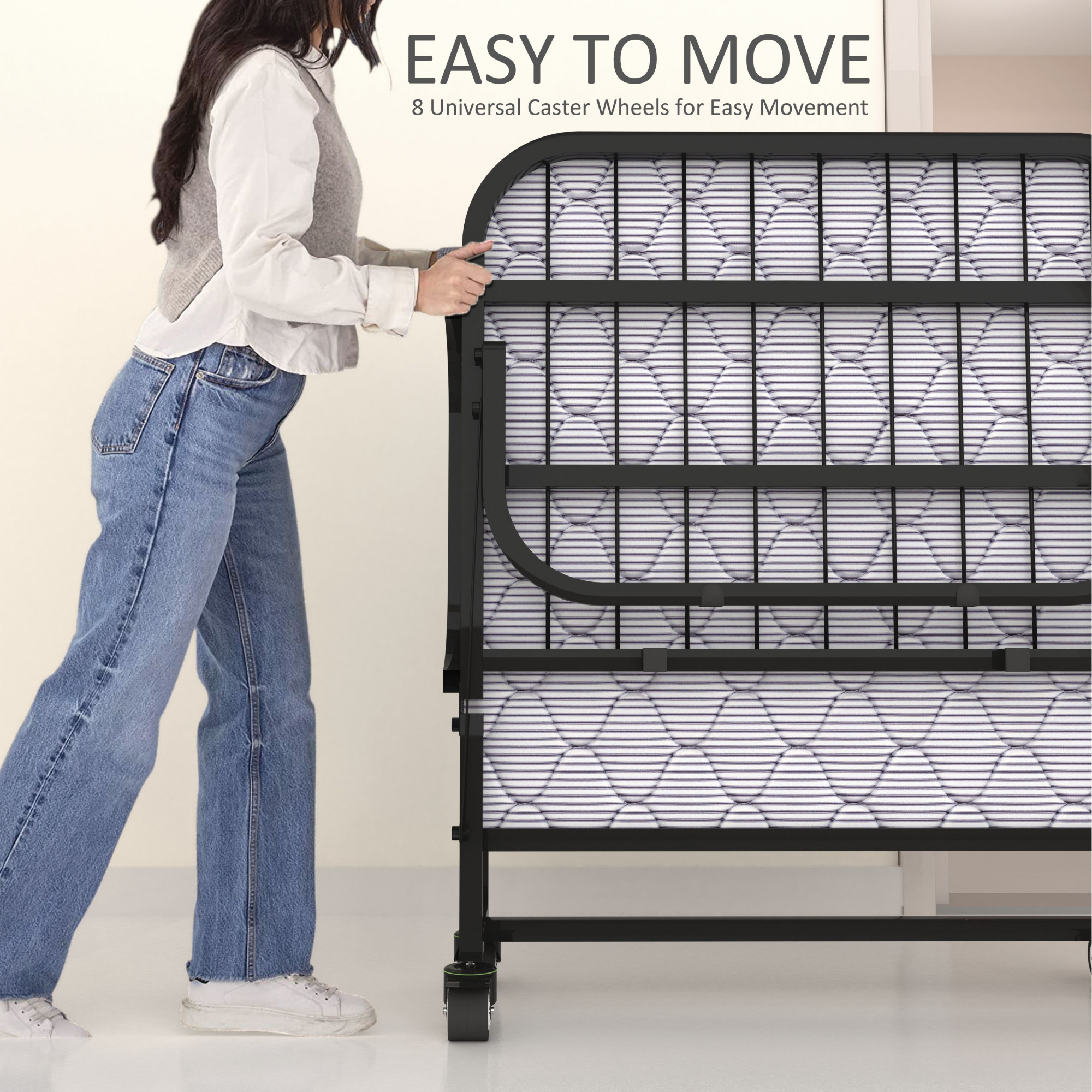 Rollease Rollaway Bed Single Size 3 Ft x 6 Ft Orthopedic Tri Layer Foam Brown Mattress 3 Years Warranty