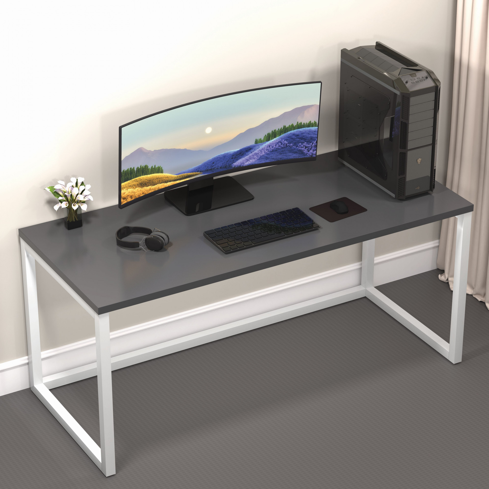 Lizon Metal Wood Computer Table for Home Office Modern Study Desk Sleek Grey Top White Finish 61L x 122W x 73H Centimeters 1 Year Warranty