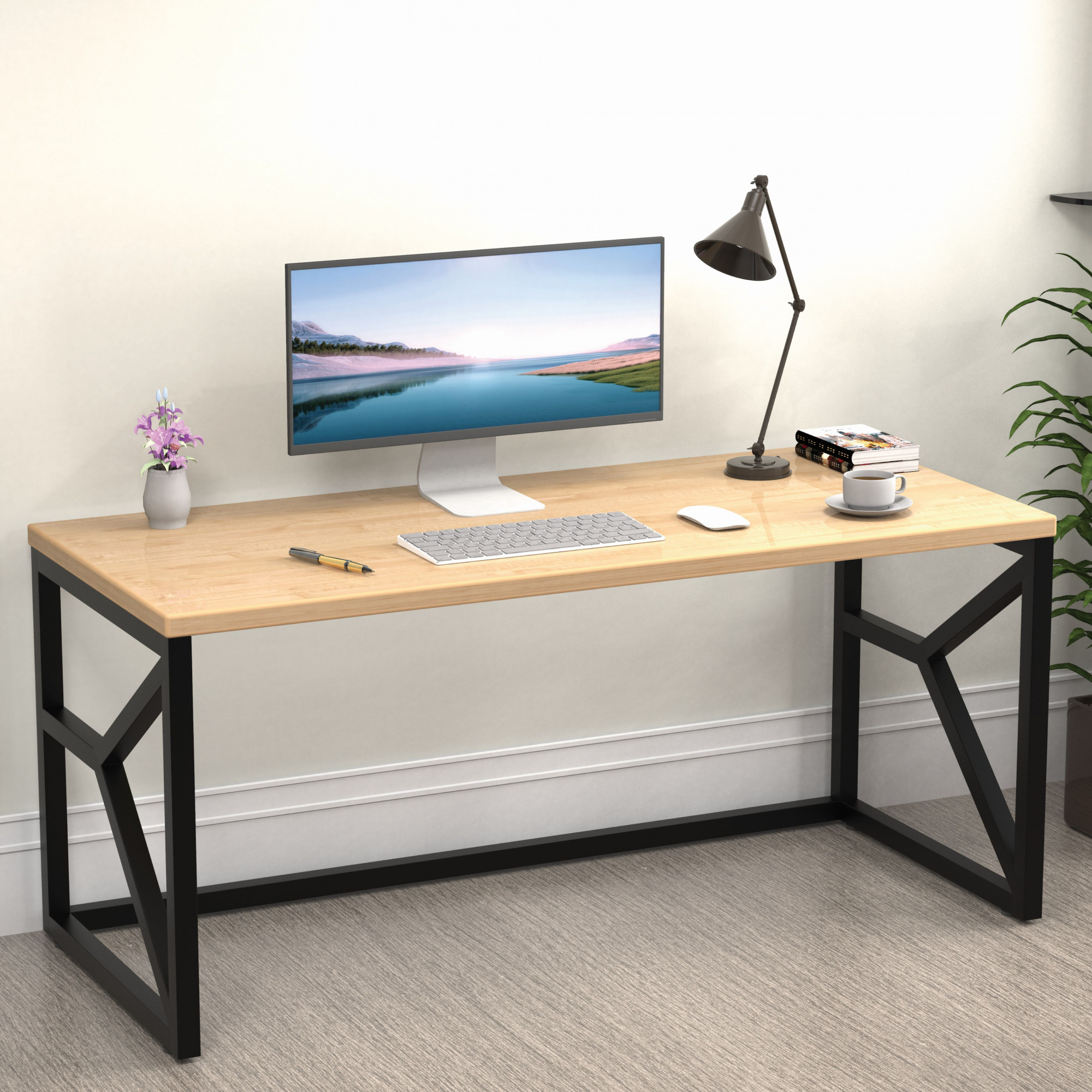 Duke Metal Wood Computer Table for Home Office Modern Study Desk with Natural Ash Top Black Finish 61L x 122W x 73H Centimeters 1 Year Warranty