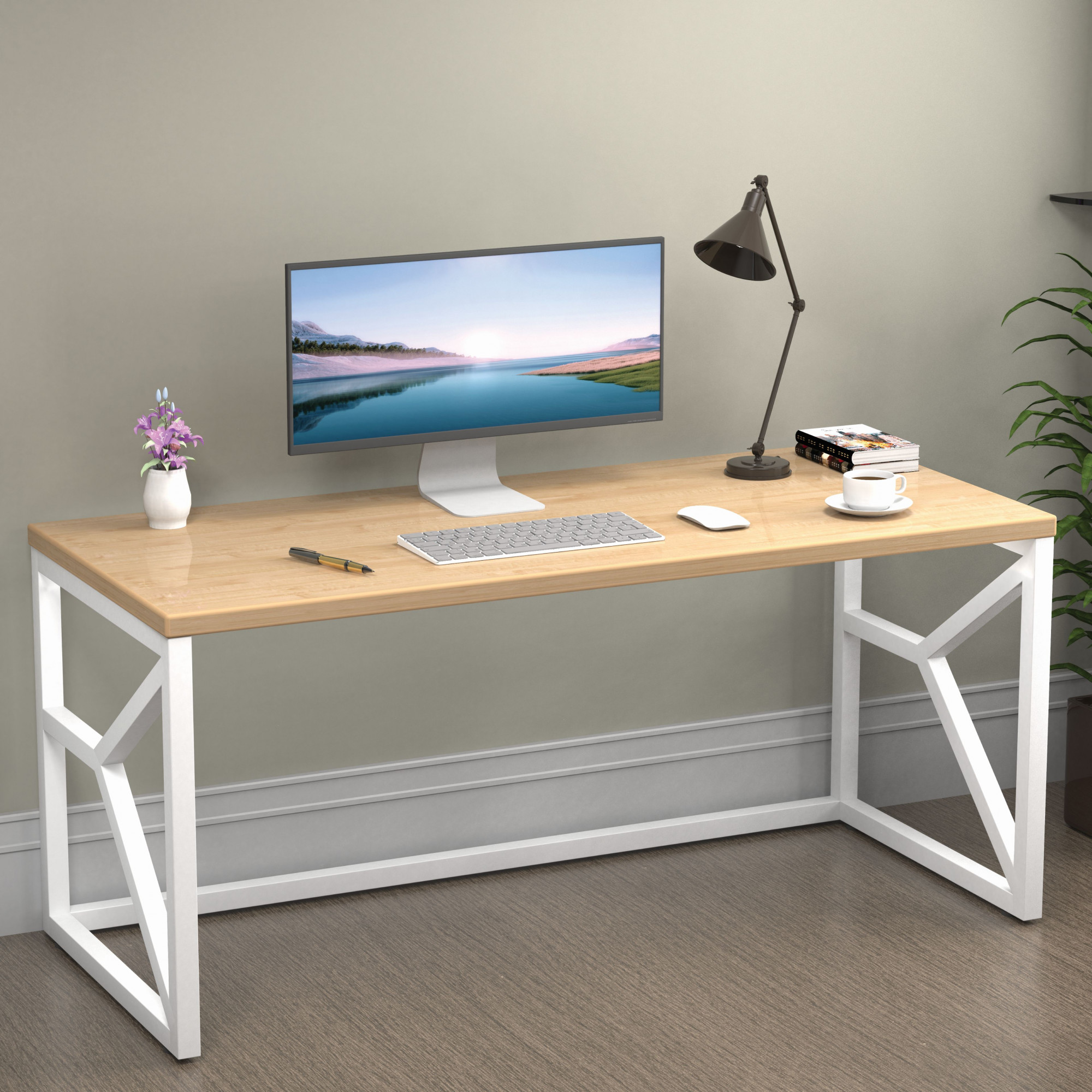 Duke Metal Wood Computer Table for Home Office Modern Study Desk with Natural Ash Top Black White Finish 61L x 122W x 73H Centimeters 1 Year Warranty