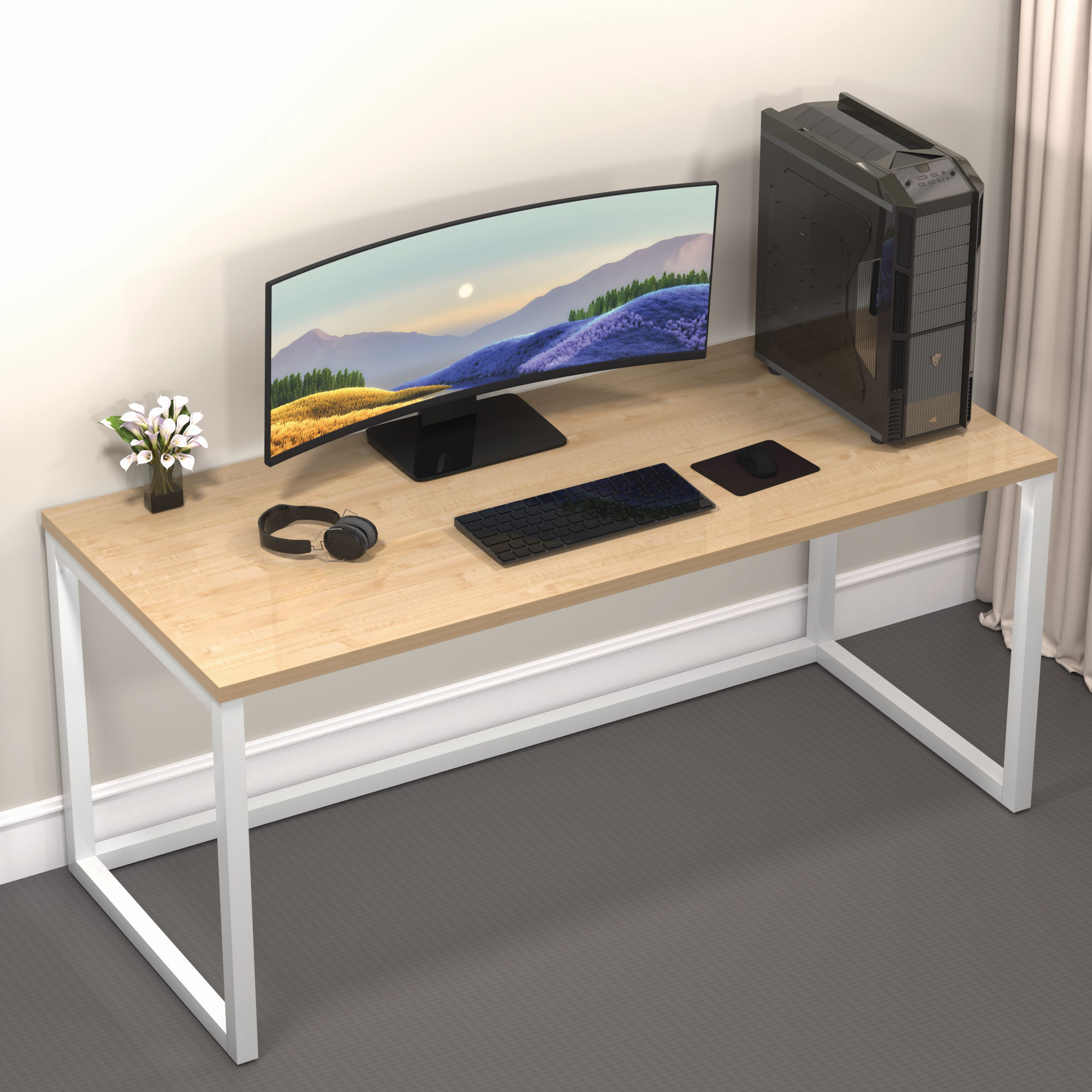 Lizon Metal Wood Computer Table for Home Office Modern Study Desk Natural Ash Top White Finish 61L x 122W x 73H Centimeters 1 Year Warranty