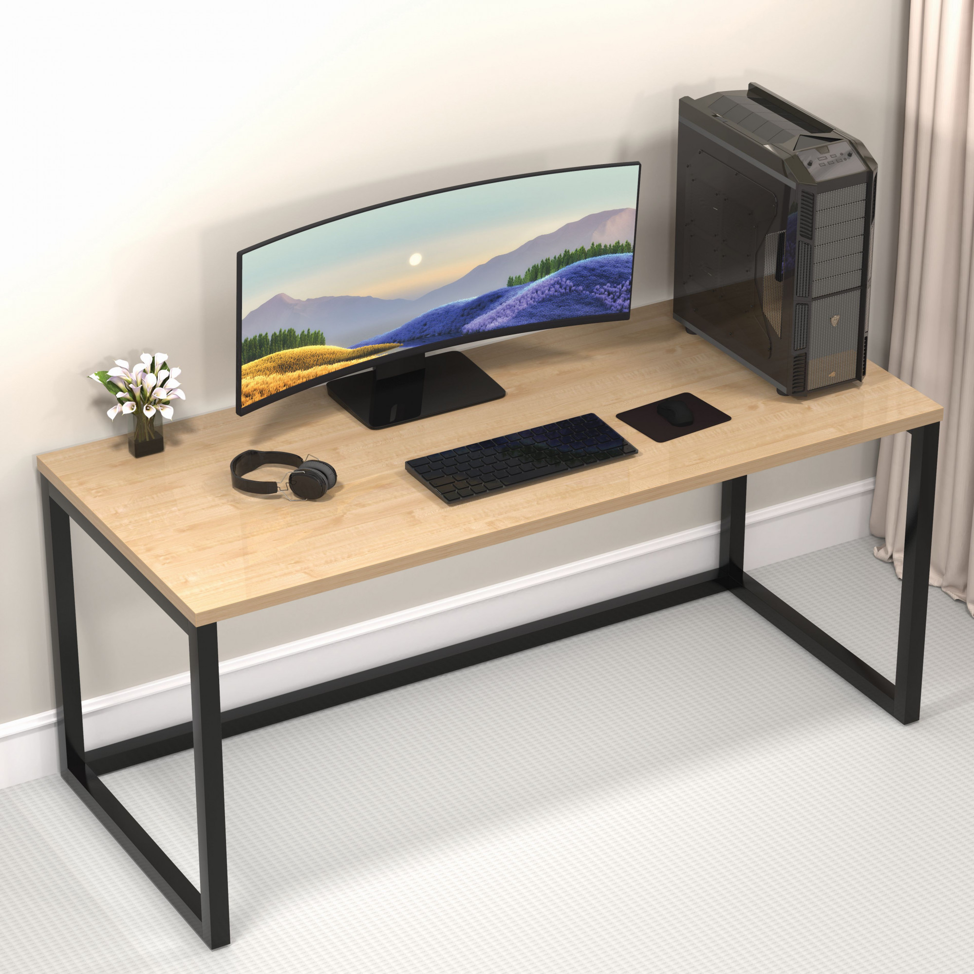 Lizon Metal Wood Computer Table for Home Office Modern Study Desk Natural Ash Top Black Finish 61L x 122W x 73H Centimeters 1 Year Warranty