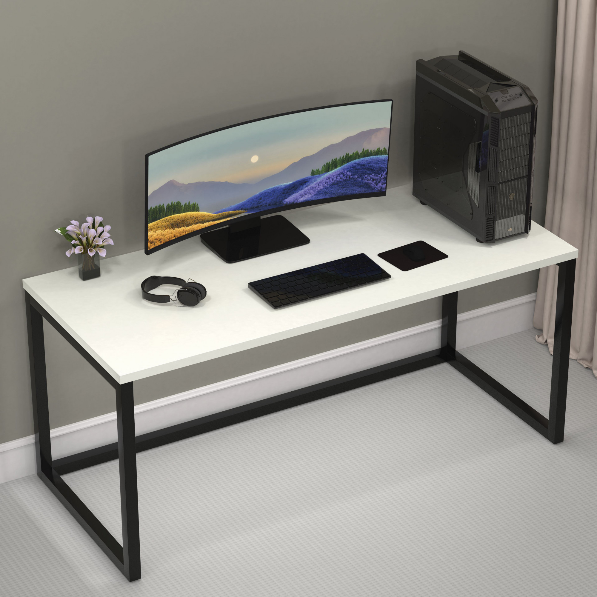Lizon Metal Wood Computer Table for Home Office Modern Study Desk Sleek White Top Black Finish 61L x 122W x 73H Centimeters 1 Year Warranty