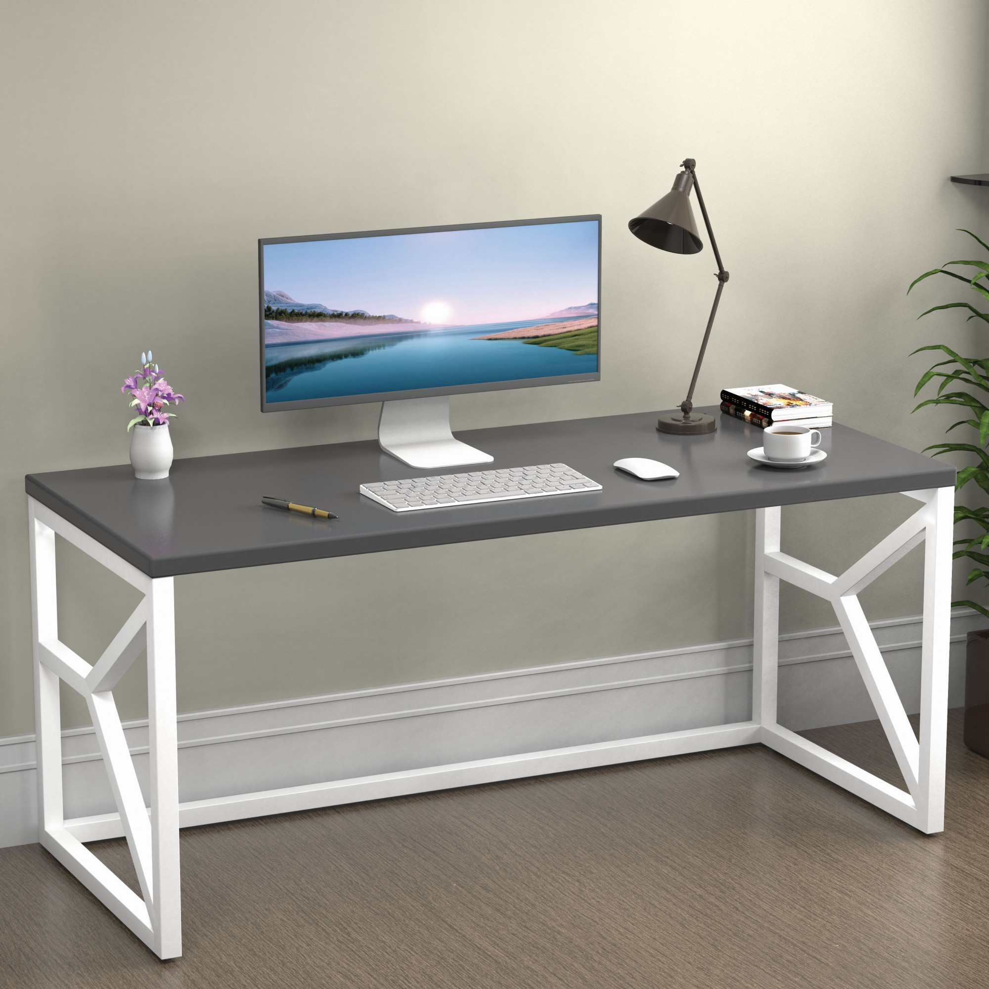 Duke Metal Wood Computer Table for Home Office Modern Study Desk with Grey Top Black White Finish 61L x 122W x 73H Centimeters 1 Year Warranty