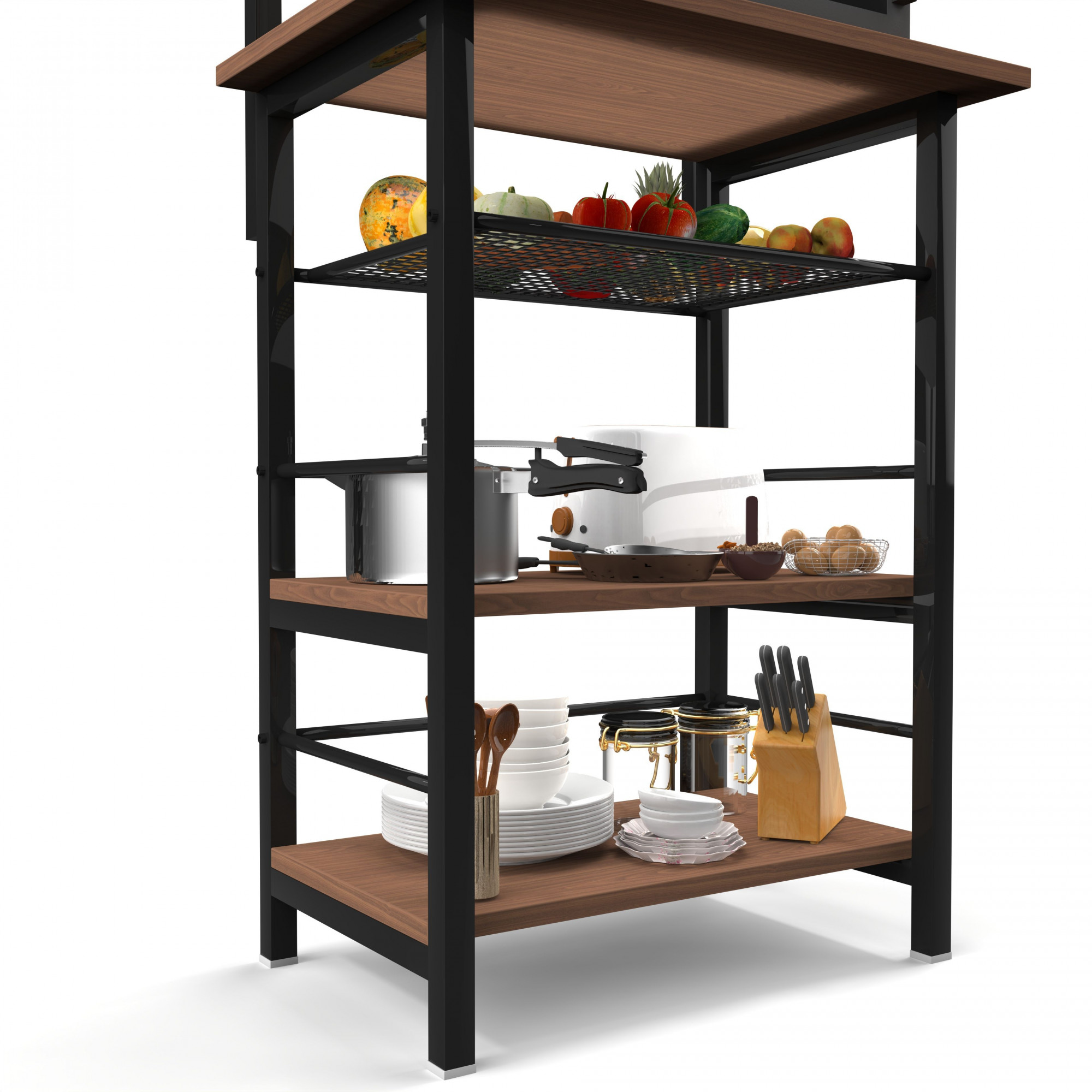 Spacio 5-Tier Multipurpose Storage Rack Metal Wood Shelf for Kitchen Living Room Bedroom Space-Saving Organizer with Hooks Matte Black Walnut Finish