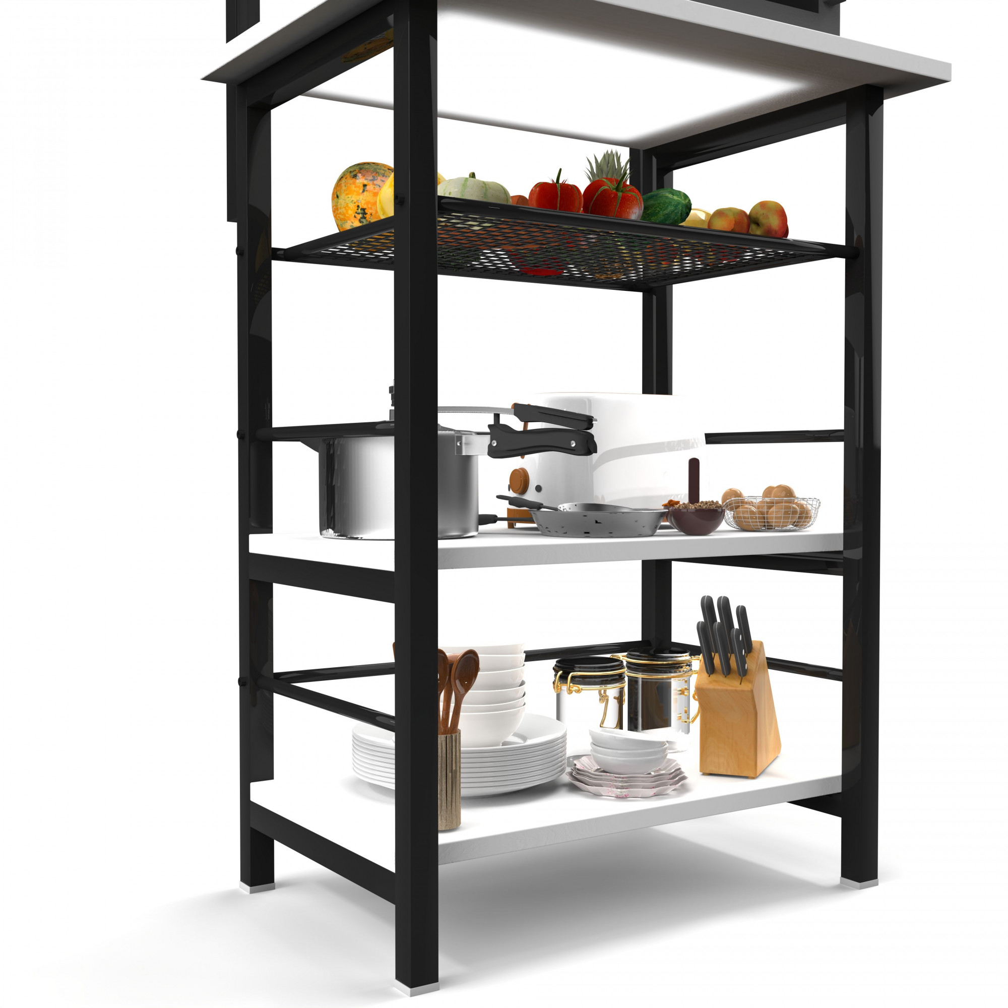 Spacio 5-Tier Multipurpose Storage Rack Metal Wood Shelf for Kitchen Living Room Bedroom Space-Saving Organizer with Hooks Frosty White Finish