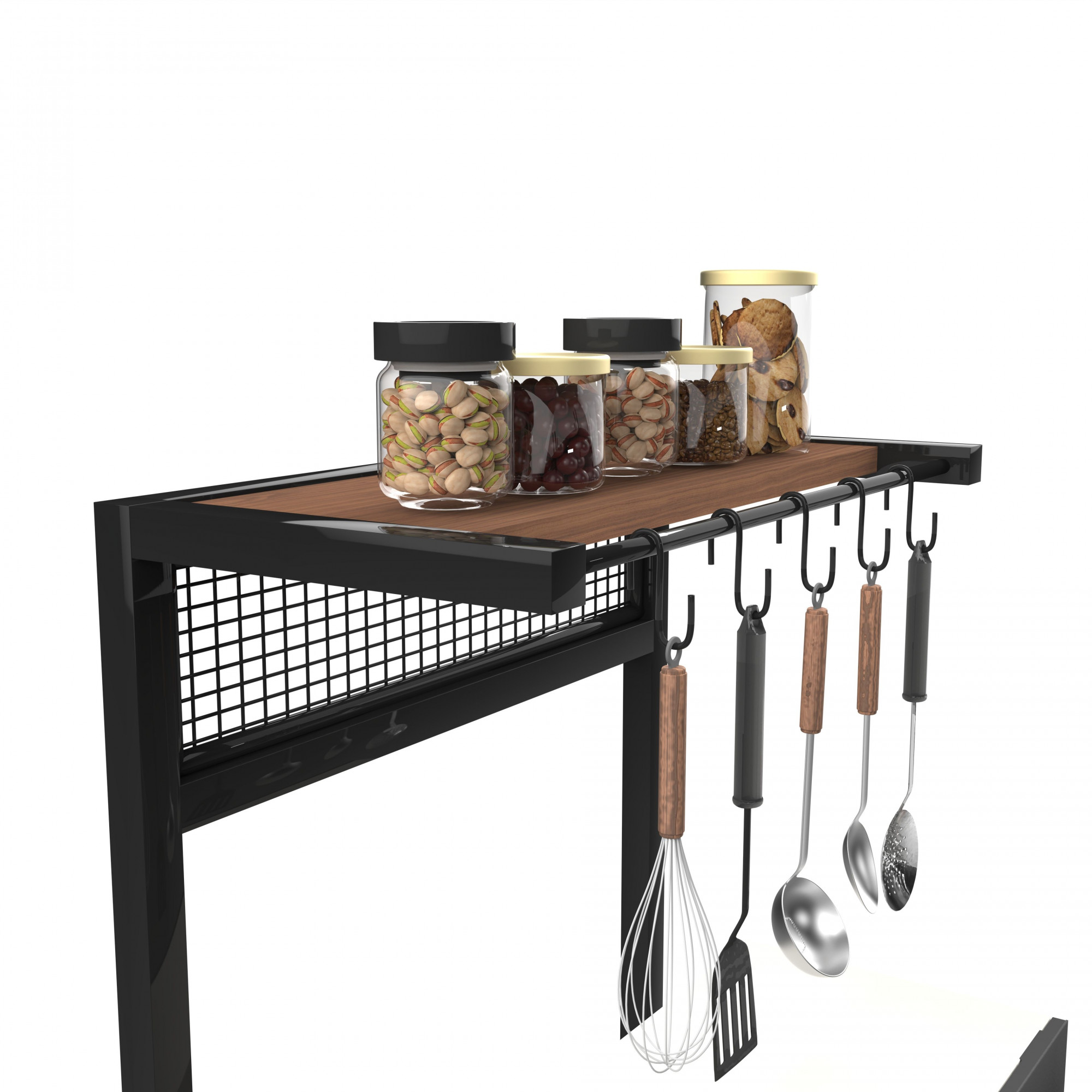 Spacio 5-Tier Multipurpose Storage Rack Metal Wood Shelf for Kitchen Living Room Bedroom Space-Saving Organizer with Hooks Matte Black Walnut Finish