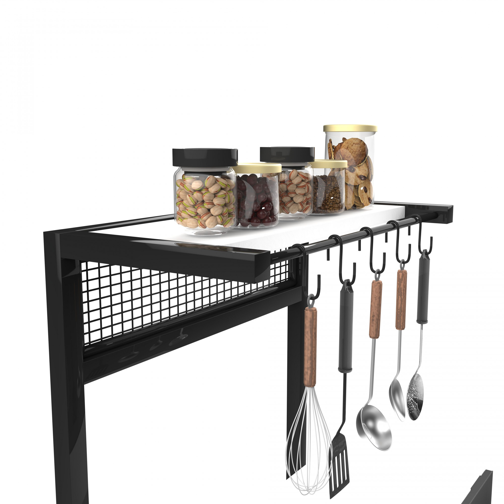 Spacio 5-Tier Multipurpose Storage Rack Metal Wood Shelf for Kitchen Living Room Bedroom Space-Saving Organizer with Hooks Frosty White Finish