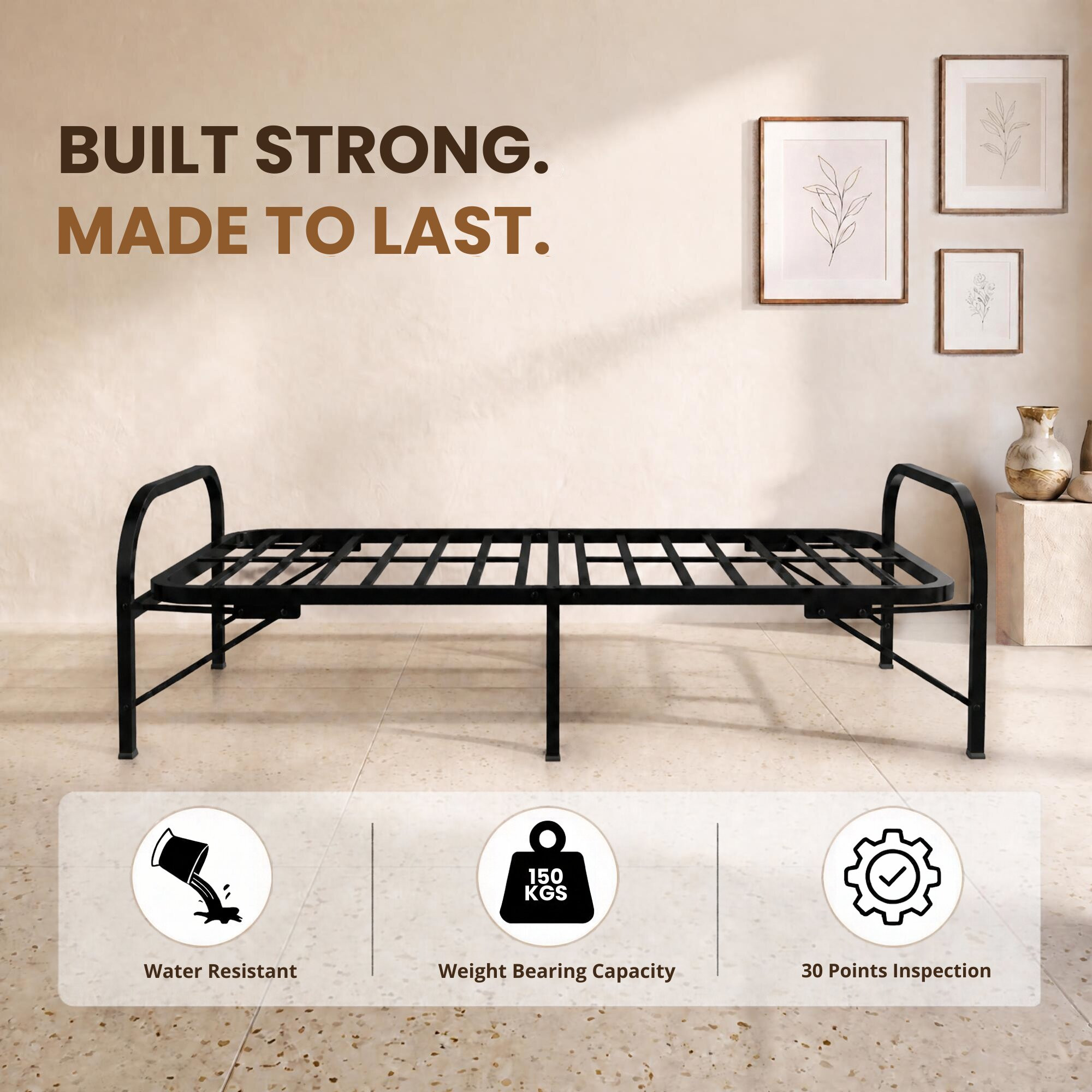 Atlas Round Folding Metal Bed without Mattress  Single Size  3ft X 6ft  25ft X 6ft  Black Finish