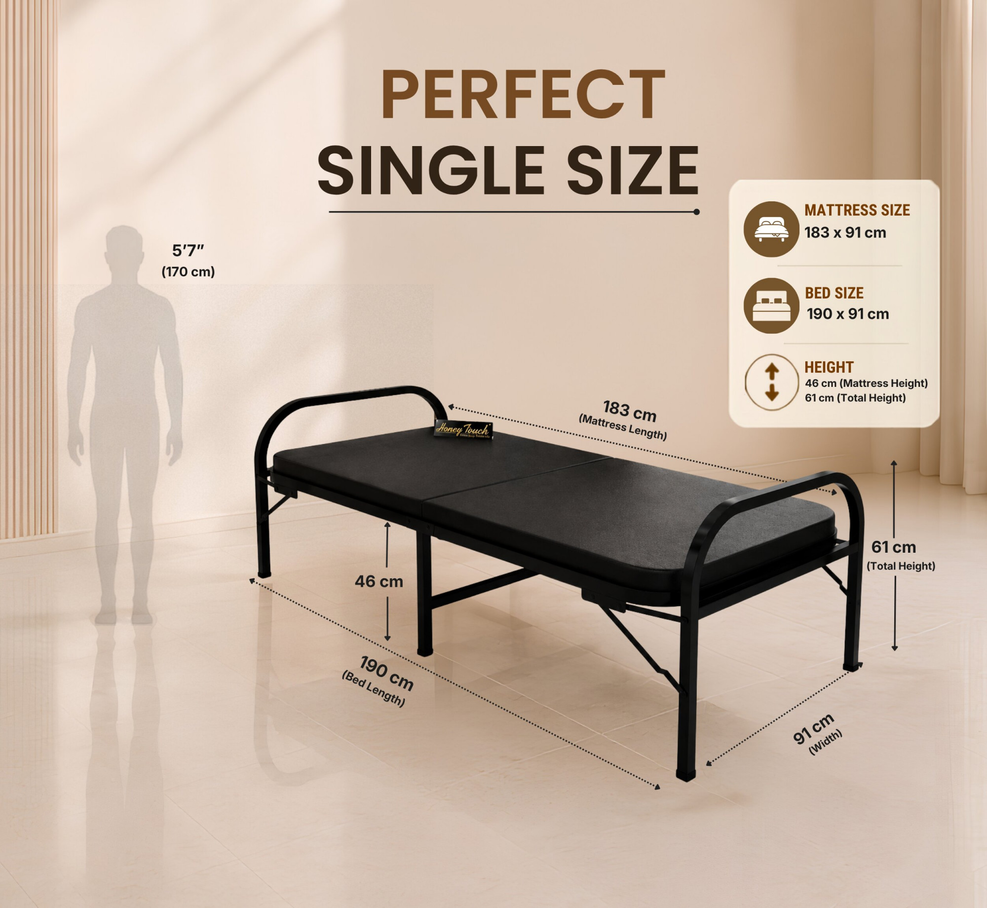 Atlas Round Folding Metal Bed Single Size Single Layer Double Layer Ortho Tri Layer Foam Mattress 3ft X 6ft 25ft X 6ft Black Finish