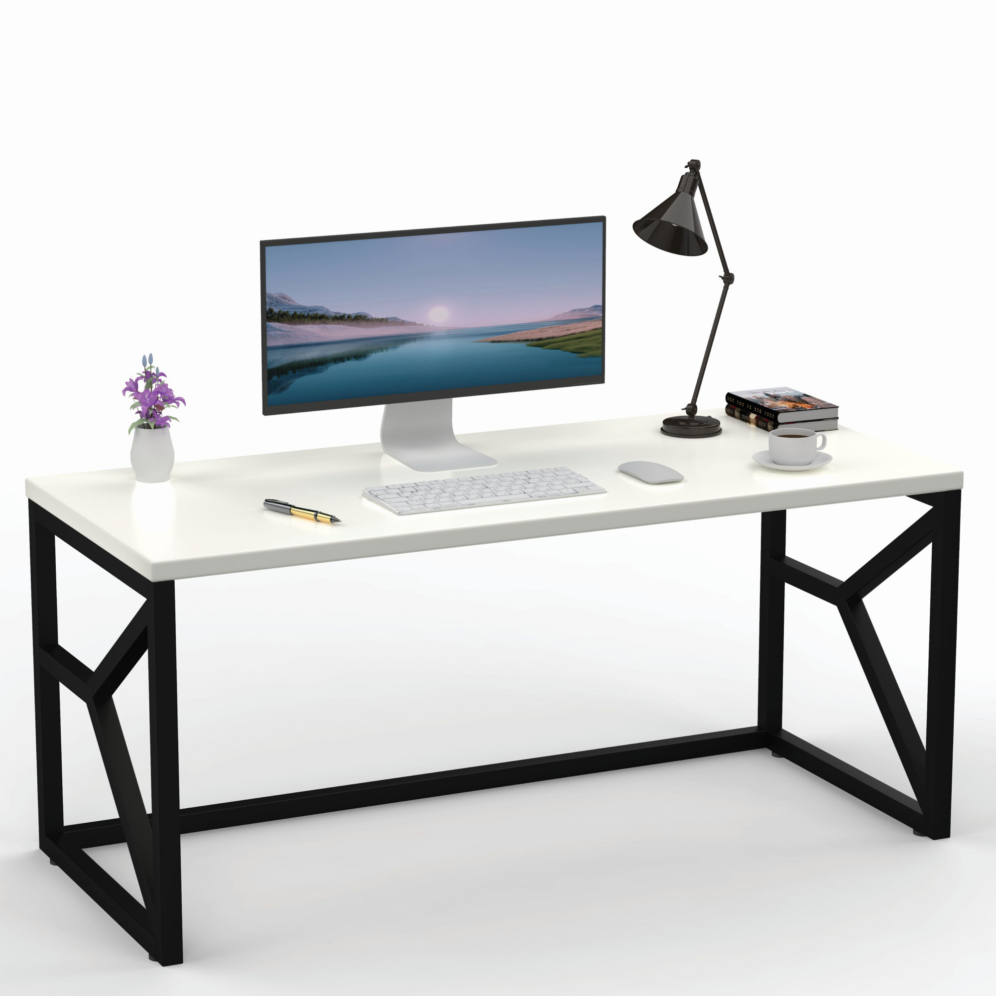 Duke Metal Wood Computer Table for Home Office Modern Study Desk with White Top Black Finish 61L x 122W x 73H Centimeters 1 Year Warranty