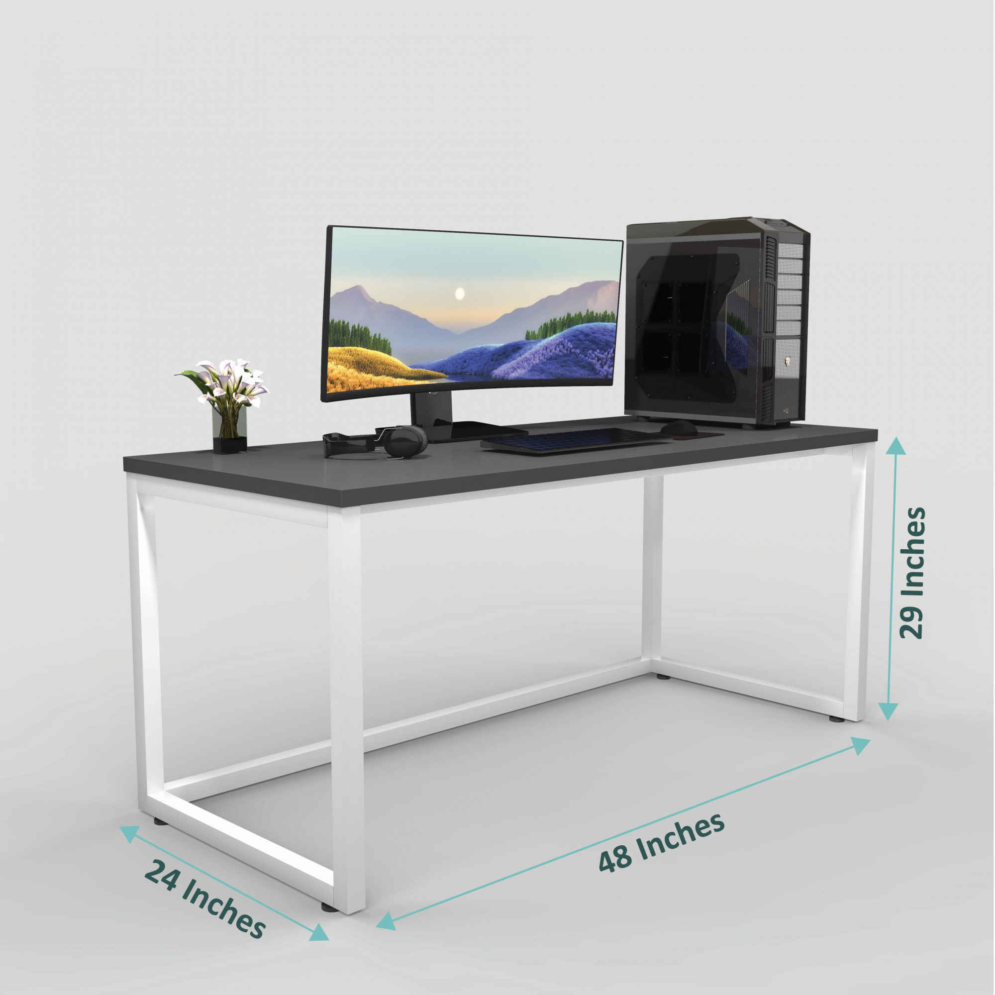 Lizon Metal Wood Computer Table for Home Office Modern Study Desk Sleek Grey Top Black Finish 61L x 122W x 73H Centimeters 1 Year Warranty