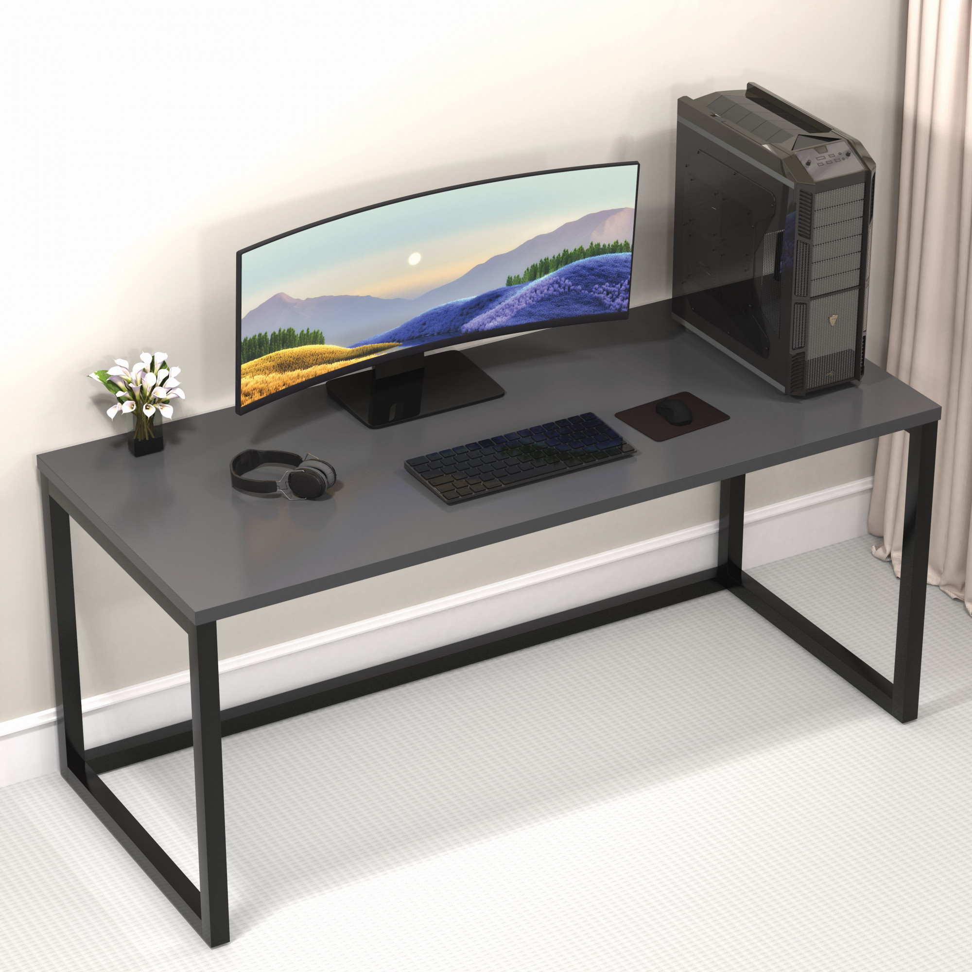 Lizon Metal Wood Computer Table for Home Office Modern Study Desk Sleek Grey Top Black Finish 61L x 122W x 73H Centimeters 1 Year Warranty